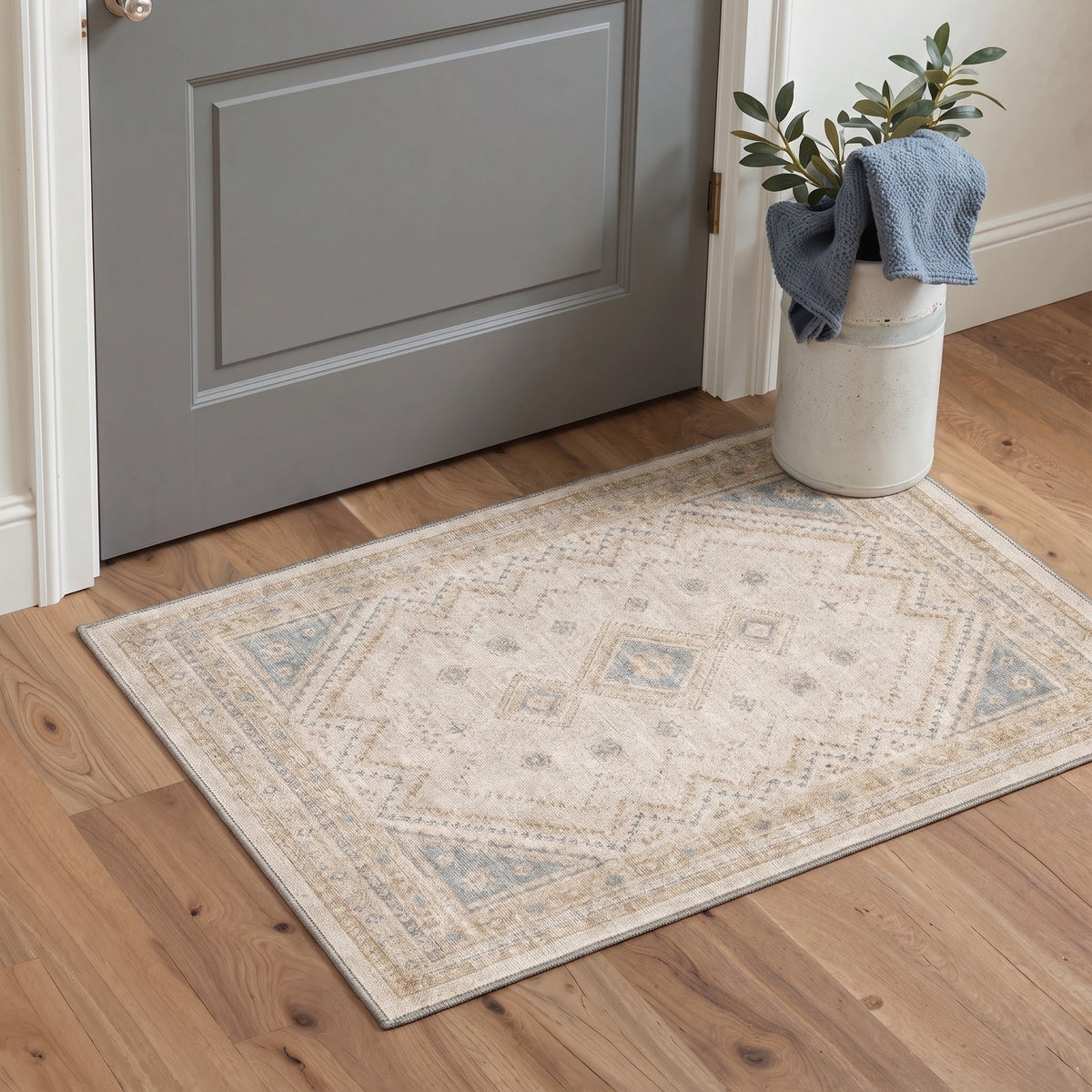 GENIMO 2'x3' Area Rug for Entryway, Machine Washable Non Slip Low Pile Indoor Door Mat for Front Door Kitchen Bathroom, Distressed Persian Diamond, OCHRE MARBLE