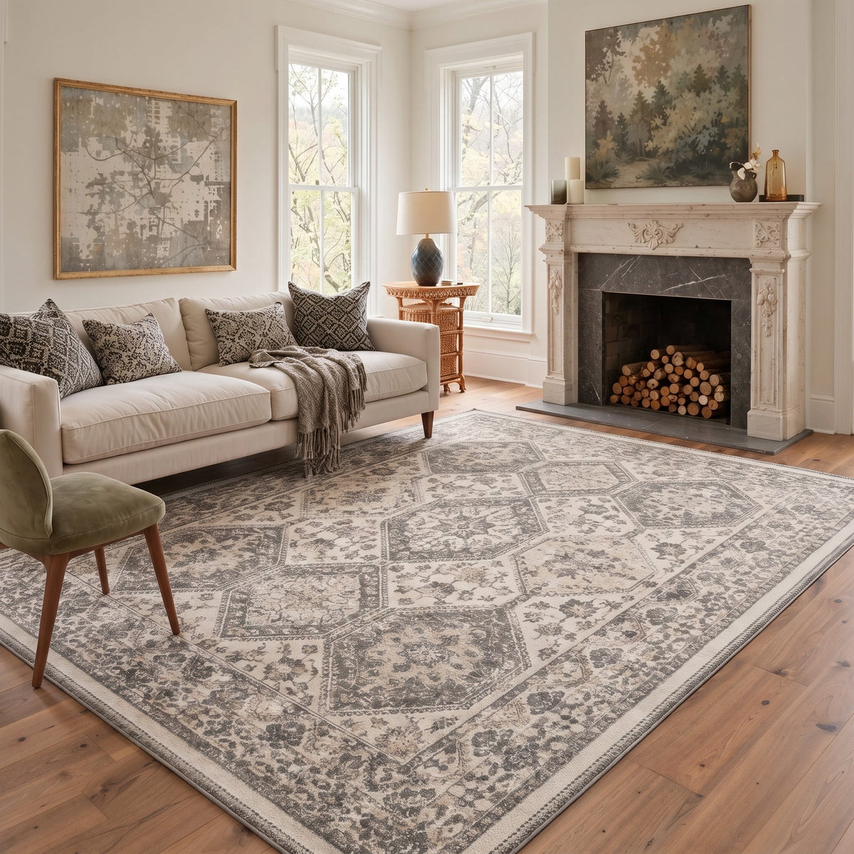 GENIMO 8'x10' Area Rug for Living Room, Large Machine Washable Non Slip Low Pile Rug for Bedroom Dining Room, Vintage Persian, Dusty Greige