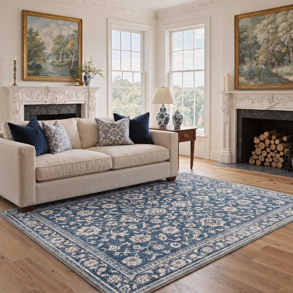 GENIMO 8'x10' Rug for Living Room, Large Machine Washable Low Pile Non Slip Area Rug for Bedroom Dining Room, Antique Persian, Dusty Blue