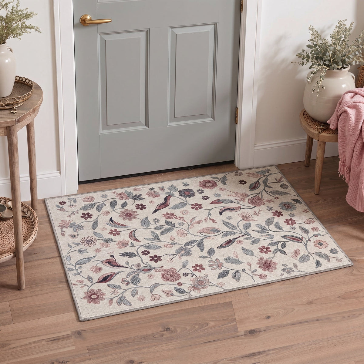 GENIMO 2'x3' Area Rug, Machine Washable Non Slip Low Pile Rug for Entryway Kitchen Bathroom Front Door, Romantic Floral, Dusty Blush