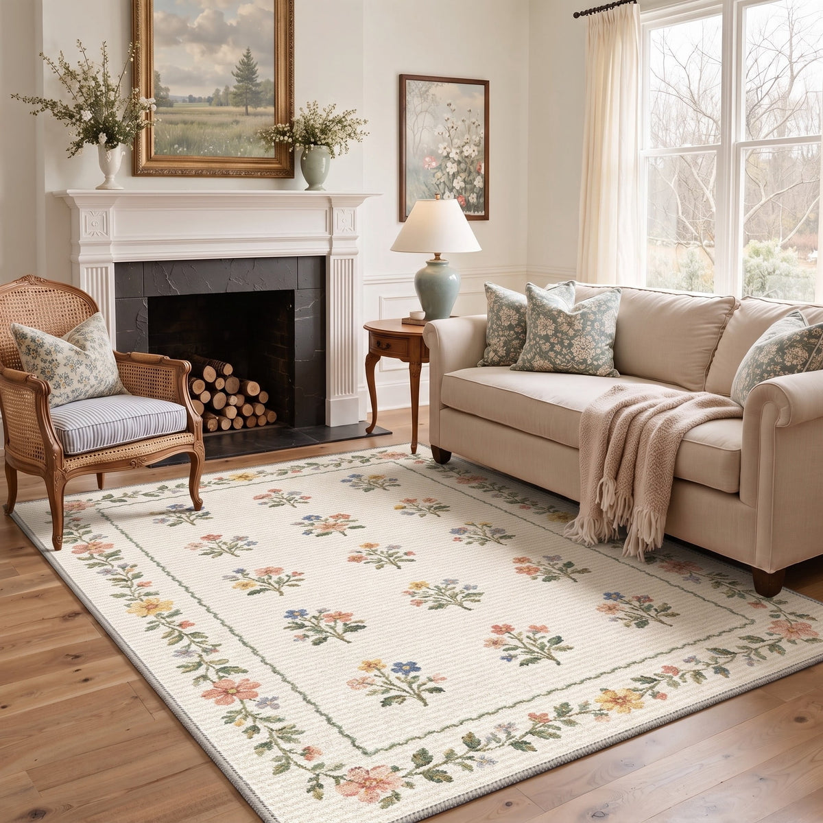 GENIMO 8'x10' Rug for Living Room, Large Machine Washable Non Slip Low Pile Area Rug for Bedroom Dining Room, Garden Floral, WHITE BLOOM