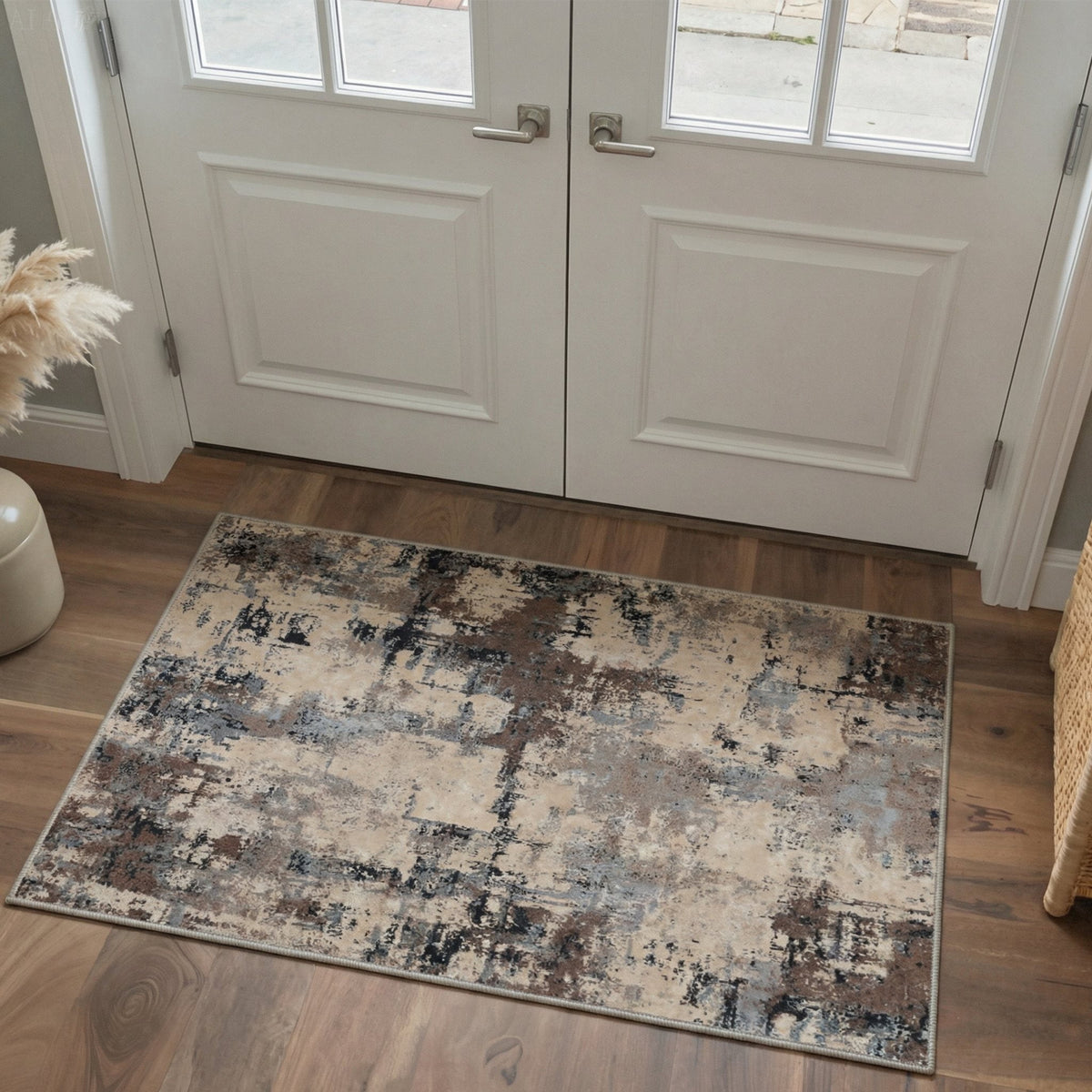 GENIMO 2'x3' Geometric Abstract Entryway Rug, Machine Washable Non Slip Low Pile Area Rug for Front Door Kitchen Bathroom, Warm Taupe