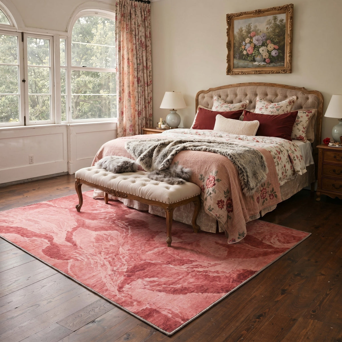 GENIMO 8'x10' Area Rug for Living Room, Large Machine Washable Non Slip Low Pile Rug for Bedroom Dining Room, Classic Floral, Dusty Rose