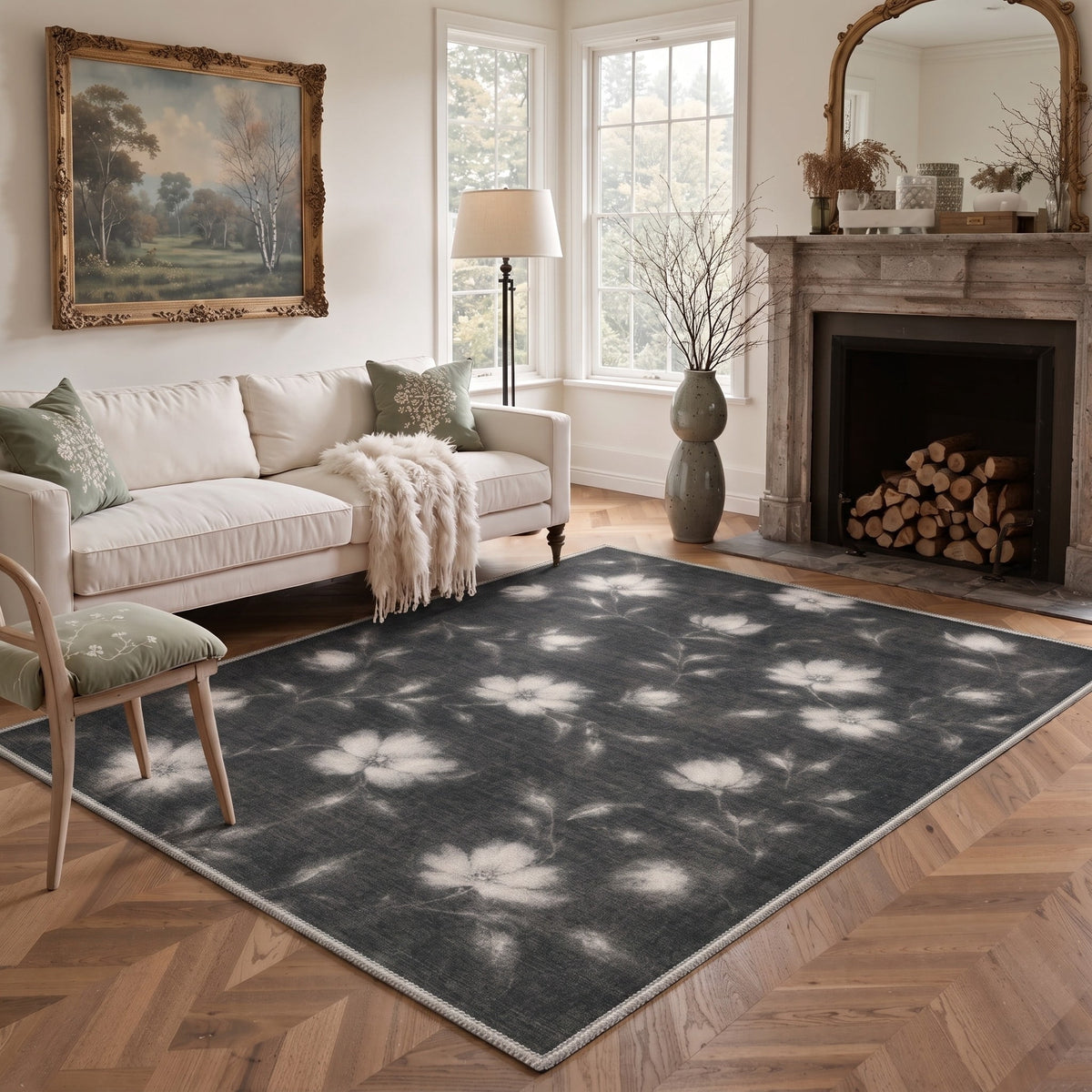 GENIMO 8'x10' Rug for Living Room, Large Machine Washable Non Slip Low Pile Area Rug for Bedroom Dining Room, Romantic Floral, Charcoal Cream