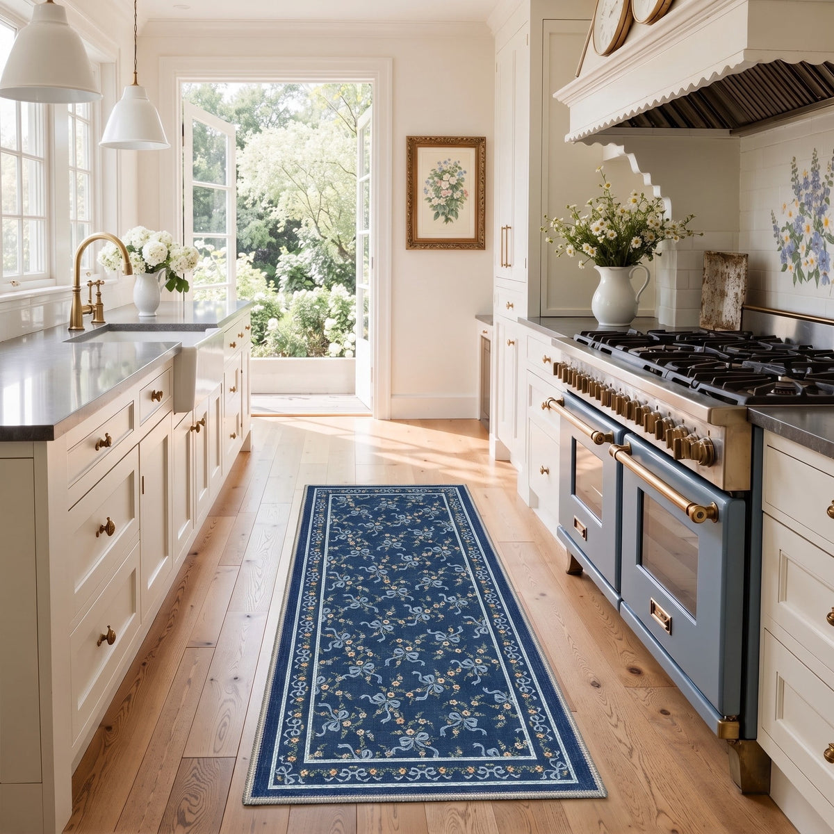 GENIMO 2'x10' Runner Rug, Washable Non Slip Soft Floral Hallway Runner for Kitchen Entryway Laundry Room, Indigo Blue
