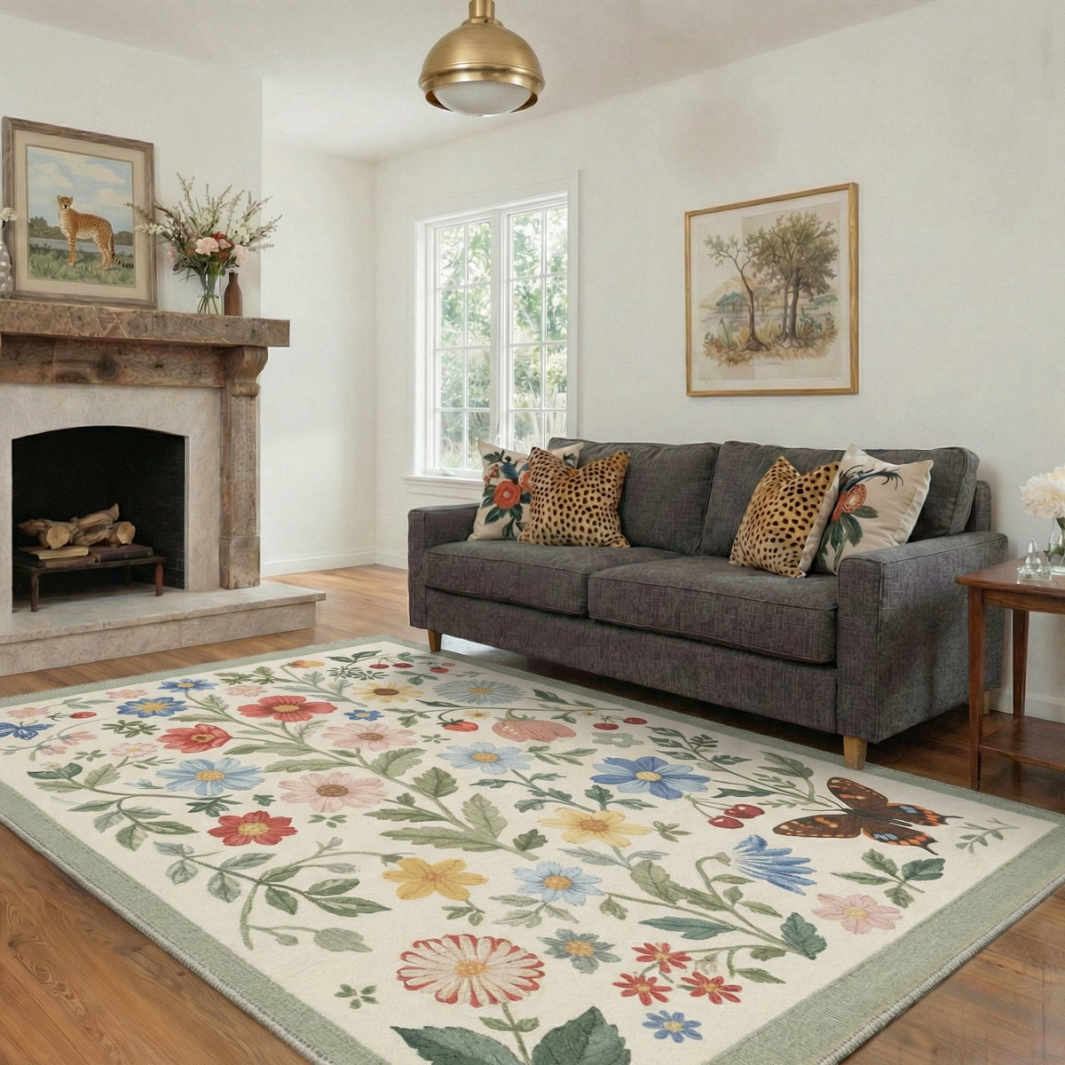 GENIMO 8'x10' Rug for Living Room, Large Machine Washable Non Slip Low Pile Area Rug for Bedroom Dining Room, Garden Floral, Soft Sage