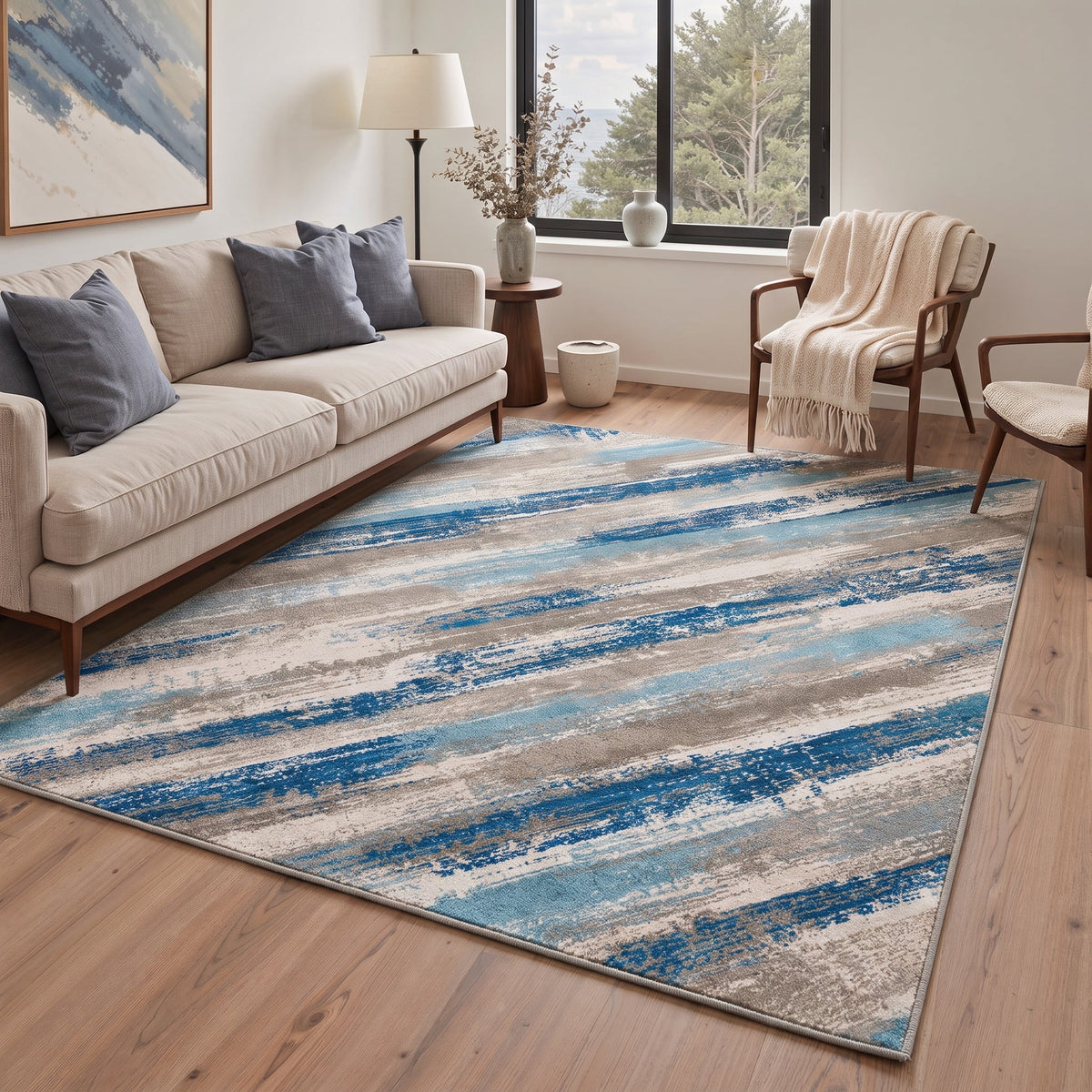 GENIMO 5'x7' Area Rug for Living Room, Machine Washable Non Slip Low Pile Rug for Bedroom Dining Room, Artistic Abstract, Coastal Blue