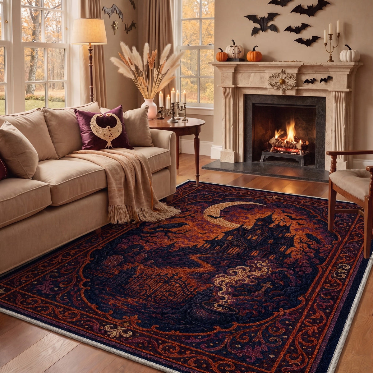 GENIMO 8'x10' Halloween Area Rug for Living Room, Washable Non Slip Soft Gothic Castle Indoor Rug for Bedroom Dining Room Home Office, Dusk Ember