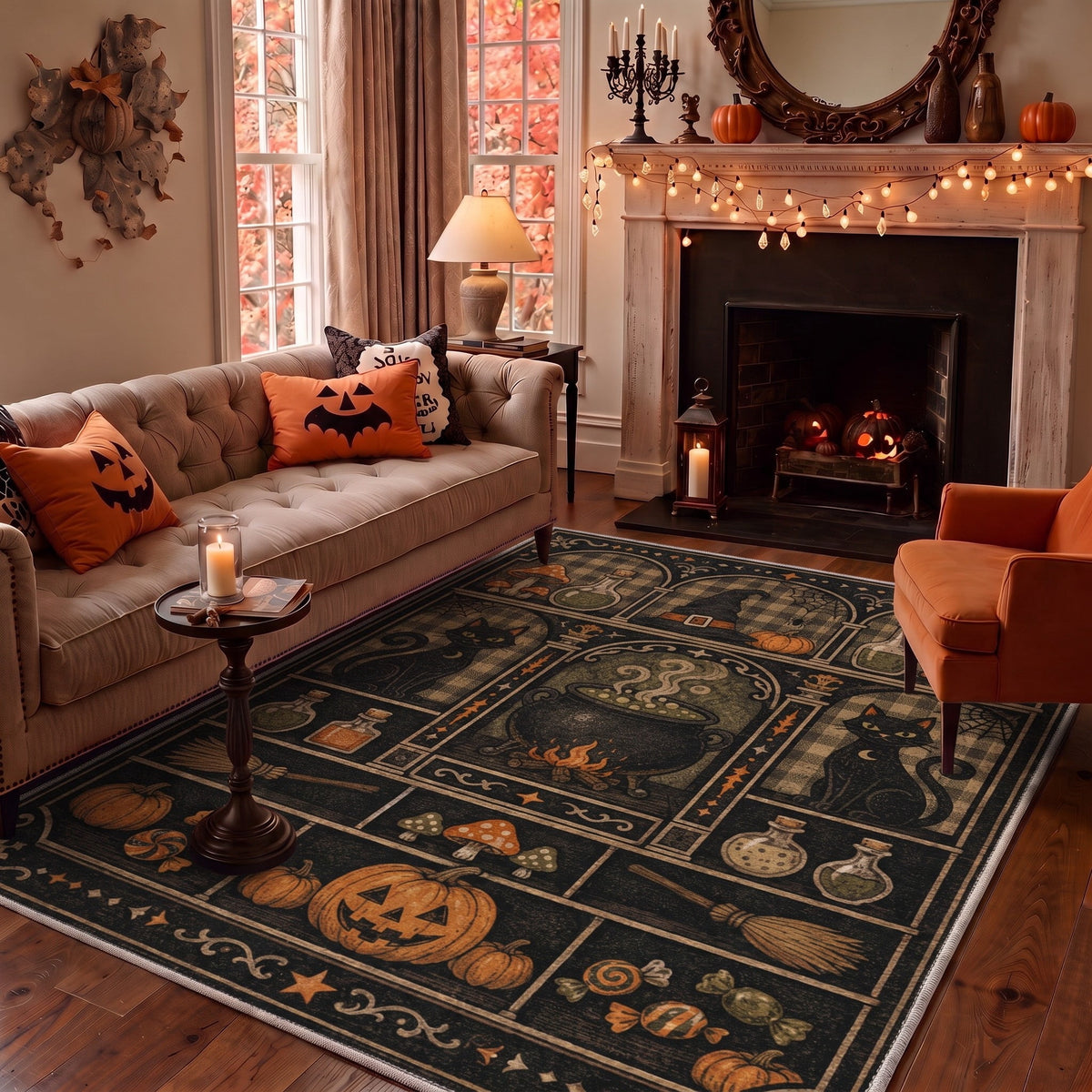GENIMO 8'x10' Halloween Area Rug for Living Room, Washable Non Slip Soft Whimsical Cat Indoor Rug for Bedroom Dining Room Home Office, Dusty Sepia