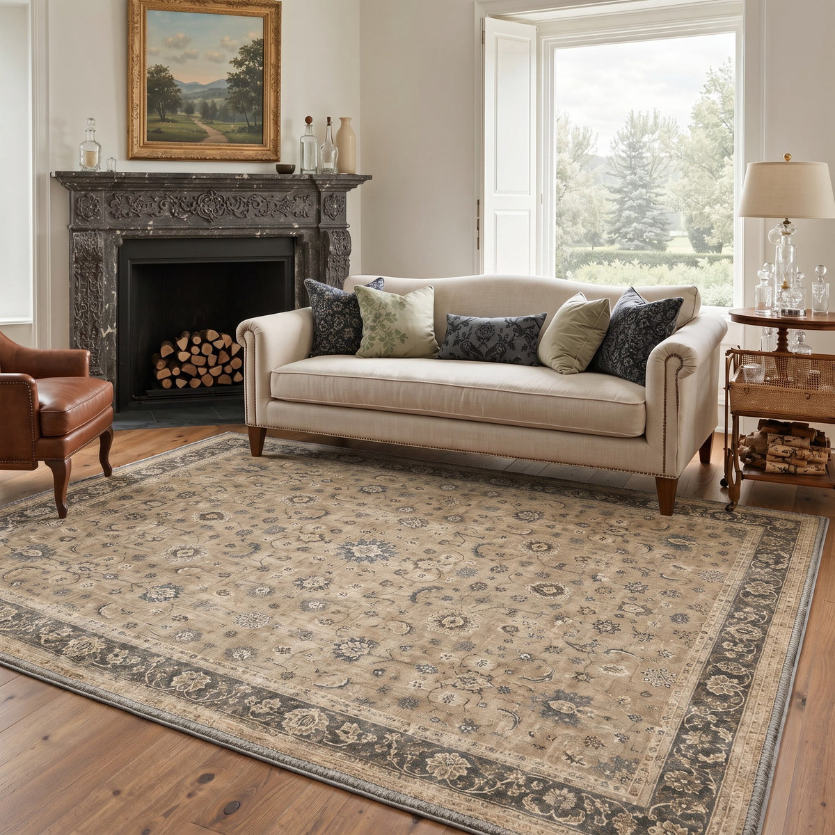 GENIMO 8'x10' Area Rug for Living Room, Large Machine Washable Non Slip Low Pile Rug for Bedroom Dining Room, Persian Inspired, Dusty Beige