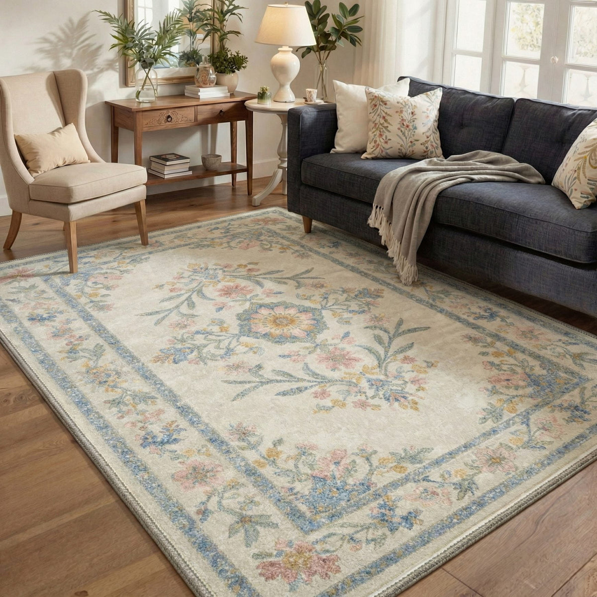 GENIMO 3'x5' Area Rug for Living Room, Soft Washable Non Slip Floral Botanical Rug for Bedroom Dining Room Home Office, Dusty Beige