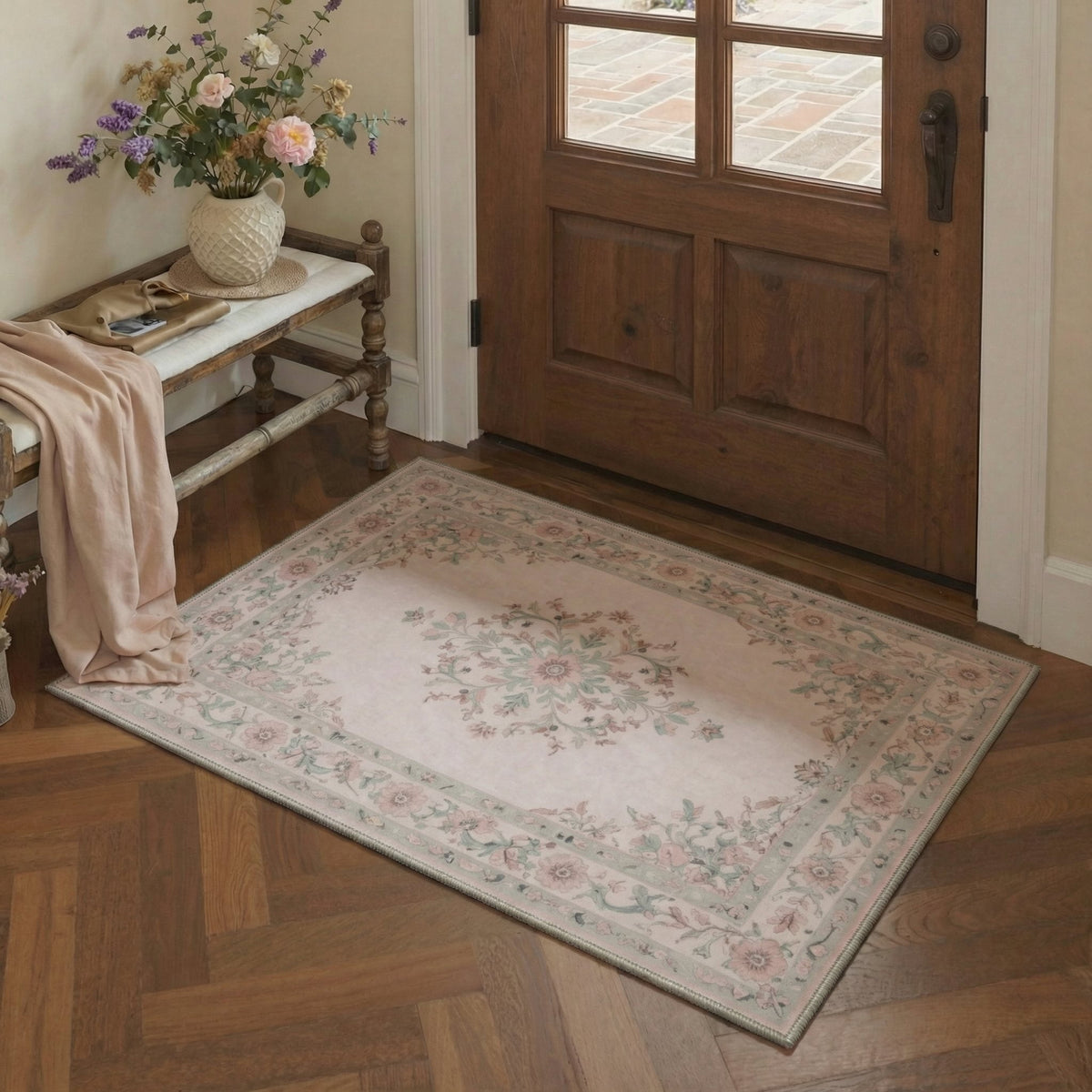 GENIMO 2'x3' Entryway Rug, Machine Washable Non Slip Low Pile Area Rug for Front Door Kitchen Bathroom, Muted Floral, Dusty Blush