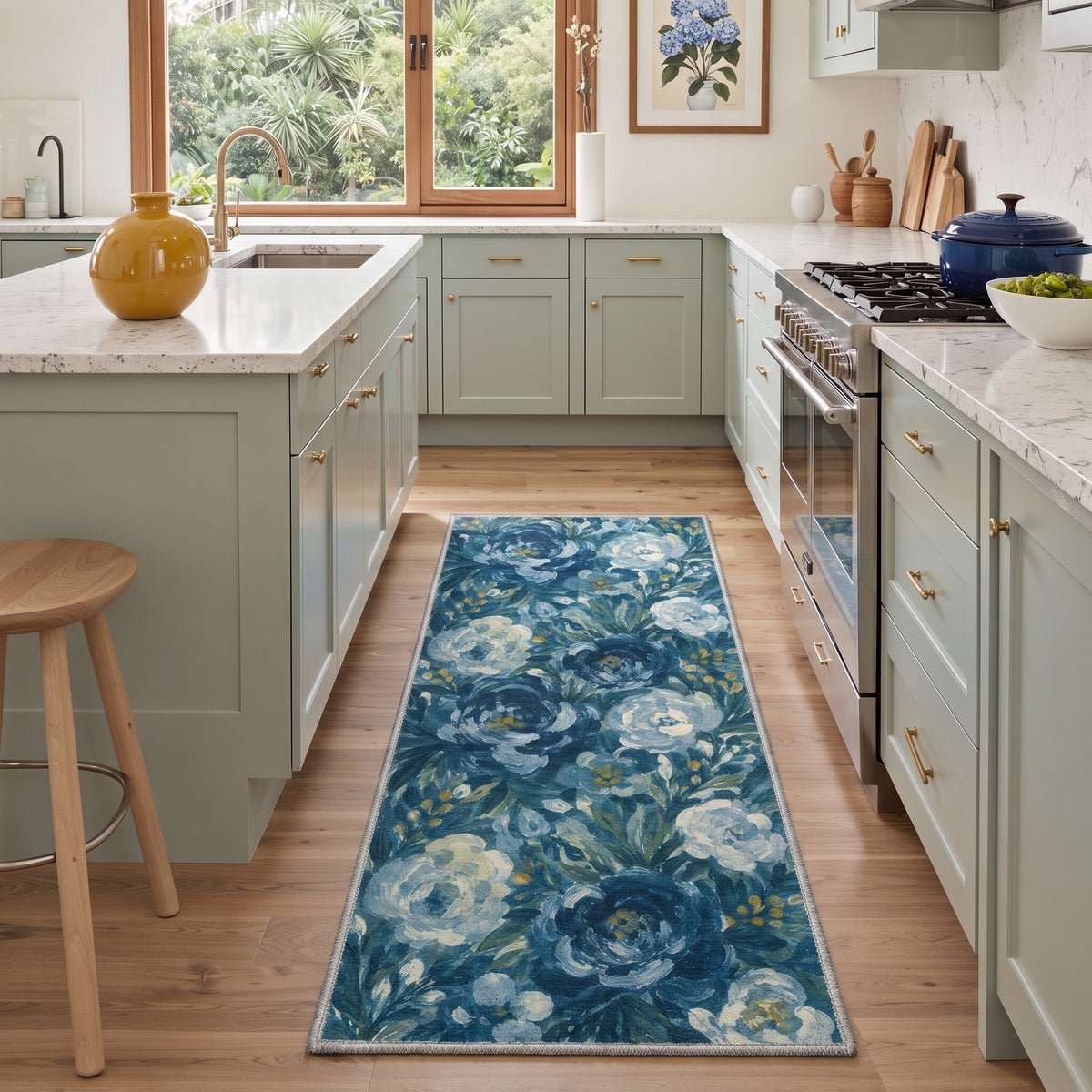GENIMO 2'x7' Runner Rug, Machine Washable Non Slip Low Pile Hallway Runner Rug for Kitchen Laundry Room, Modern Floral, INDIGO BLOOM