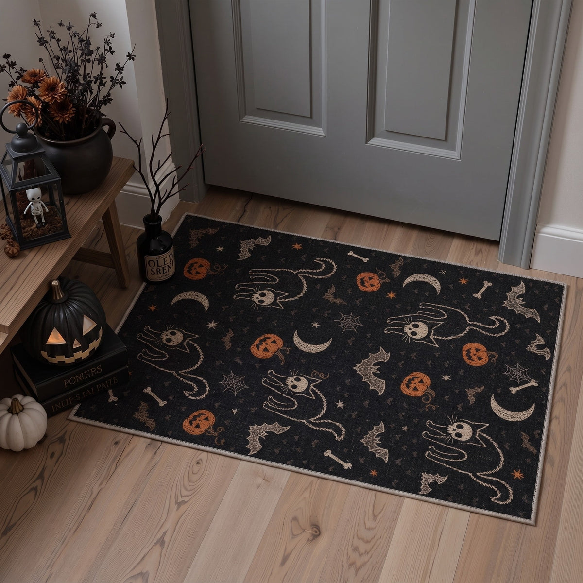 GENIMO 2'x3' Halloween Doormat, Washable Non Slip Soft Gothic Cat Outdoor Door Mat for Front Door Covered Porch Patio Entryway, Charcoal Orange