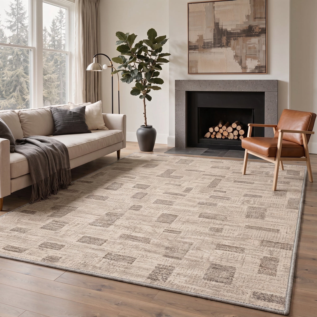 GENIMO 8'x10' Rug for Living Room, Large Machine Washable Non Slip Low Pile Area Rug for Bedroom Dining Room, Neutral Minimalist, Dusty Beige