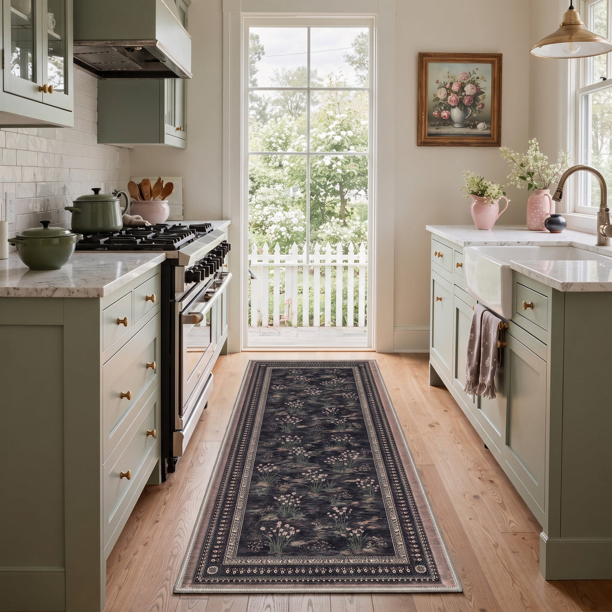 GENIMO 2'x6' Muted Floral Runner Rug, Machine Washable Low Pile Non Slip Hallway Runner Rug for Kitchen Laundry Room, ONYX BLOOM