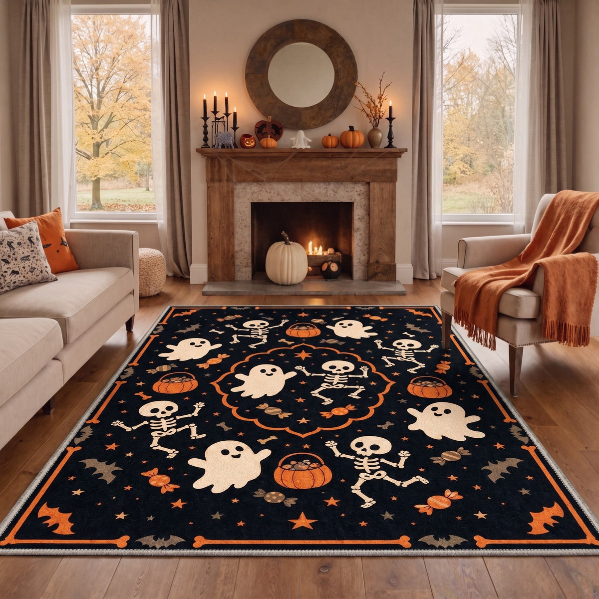 GENIMO 8'x10' Halloween Area Rug for Living Room, Washable Non Slip Soft Gothic Skull Indoor Rug for Bedroom Dining Room Home Office, Pumpkin Noir