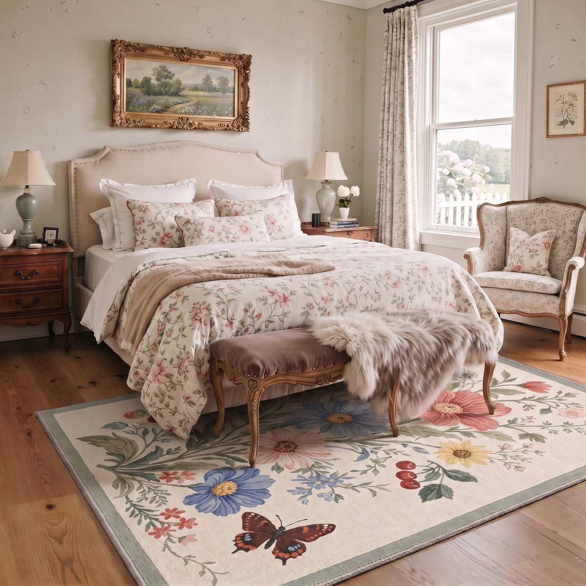 GENIMO 5'x7' Floral Botanical Area Rug for Living Room, Machine Washable Non Slip Low Pile Rug for Bedroom Dining Room, Cream Pastel