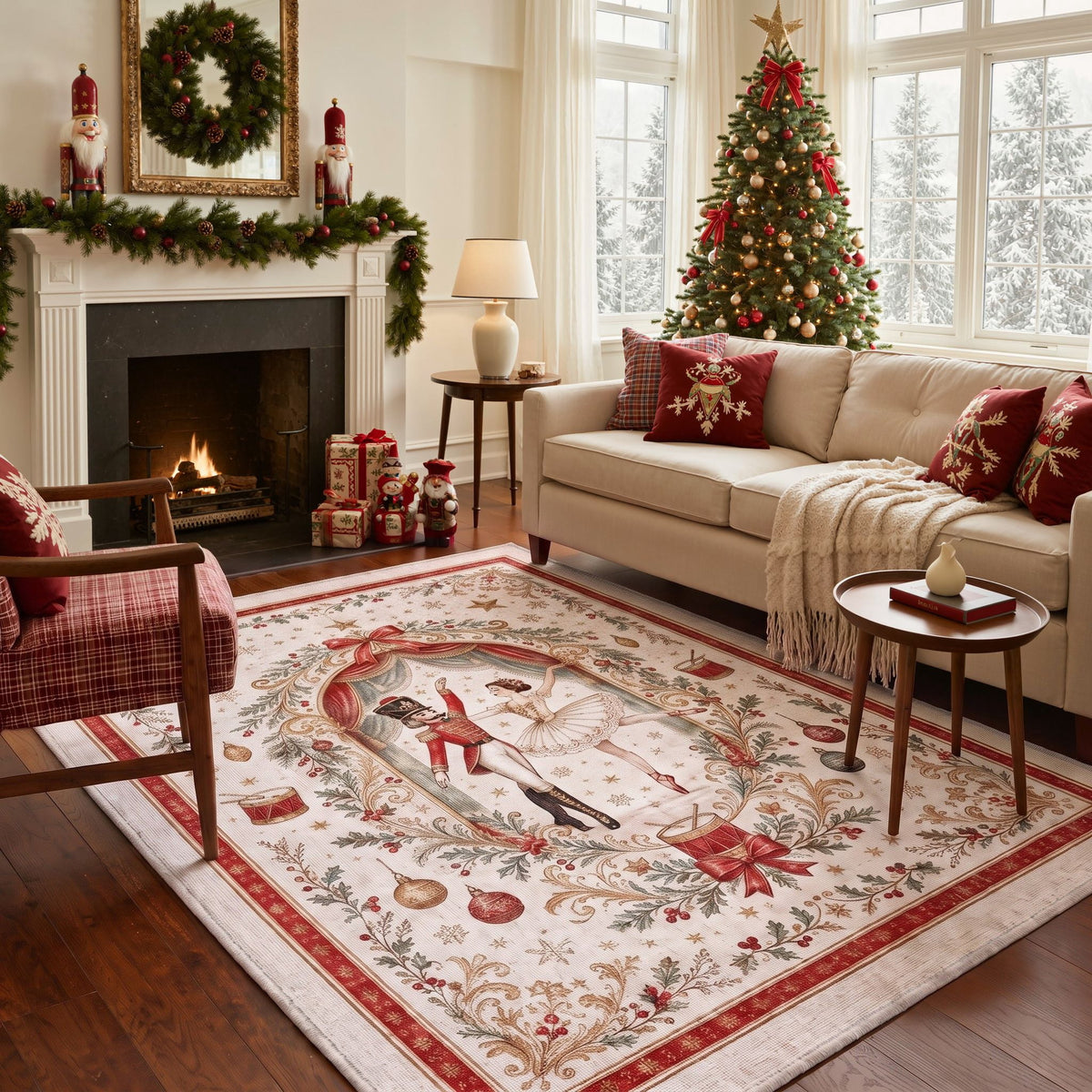 GENIMO 8'x10' Vintage Christmas Area Rug for Living Room, Soft Washable Non Slip Rug for Bedroom Dining Room Home Office, Light Red