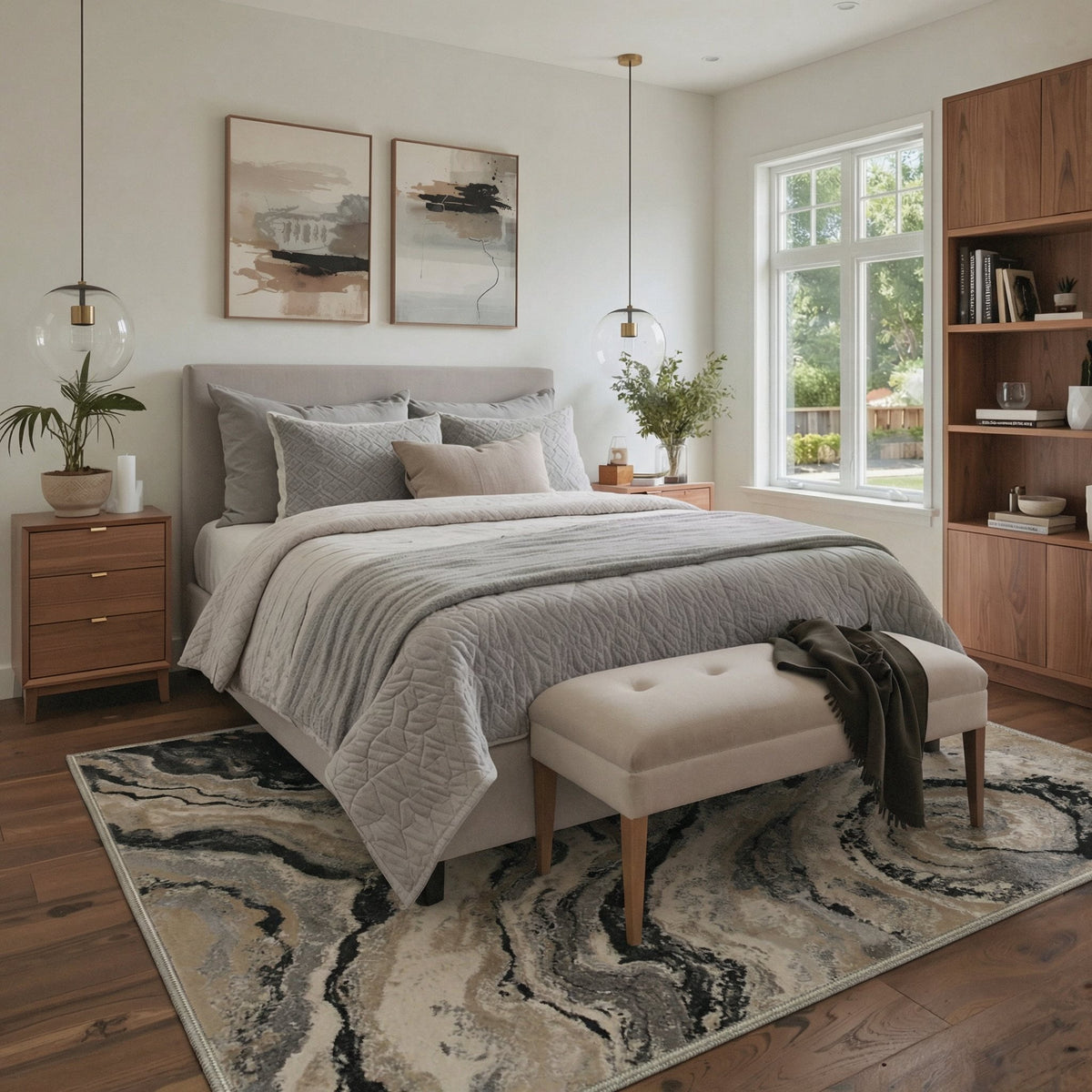 GENIMO 5'x7' Modern Abstract Area Rug for Living Room, Machine Washable Non Slip Low Pile Rug for Bedroom Dining Room, Dusty Beige