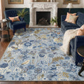 GENIMO 8'x10' Area Rug for Living Room, Large Machine Washable Low Pile Non Slip Rug for Bedroom Dining Room, Botanical Floral, Dusty Blue