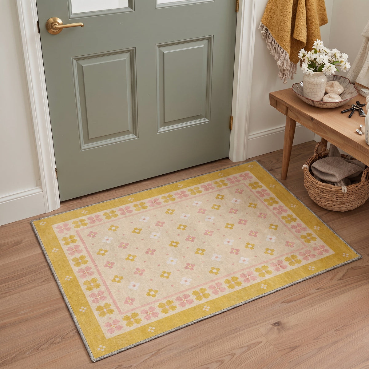 GENIMO 2'x3' Boho Area Rug, Machine Washable Non Slip Low Pile Rug for Entryway Front Door Kitchen Bathroom, SAFFRON BLOOM