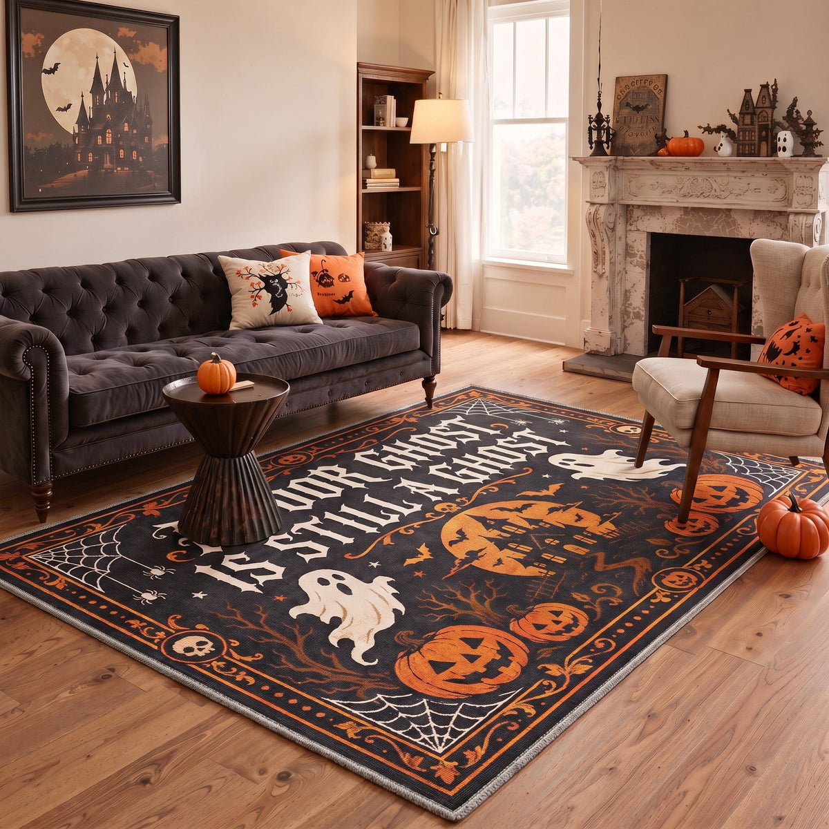 GENIMO 5'x7' Halloween Area Rug for Living Room, Washable Non Slip Soft Whimsical Ghost Indoor Rug for Bedroom Dining Room Home Office, Midnight Orange