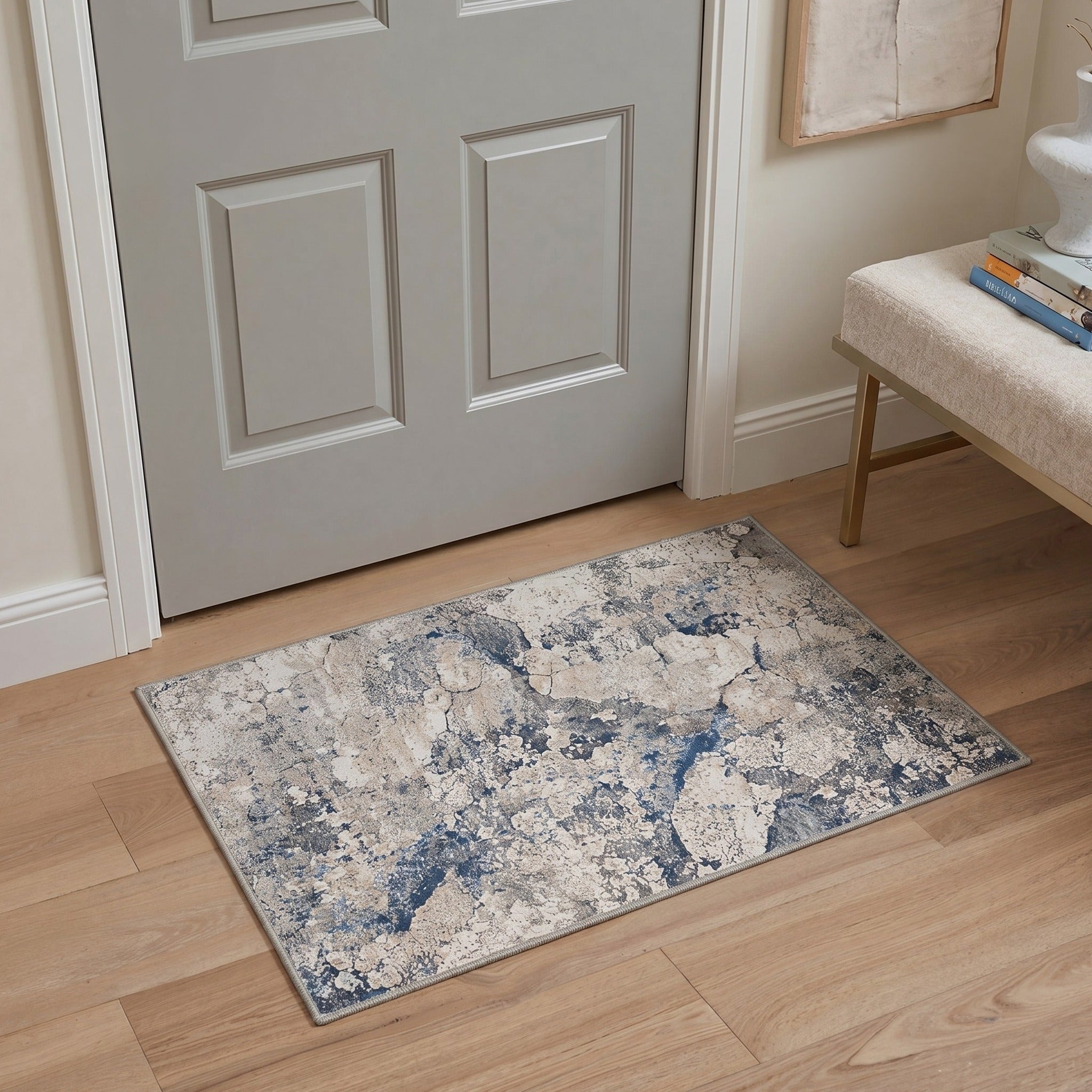 GENIMO 2'x3' Area Rug, Washable Non Slip Soft Abstract Indoor Door Mat for Entryway Kitchen Laundry Room, Blue Greige