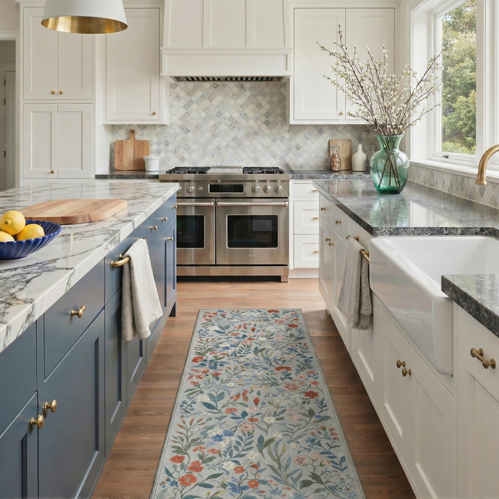 GENIMO 2'x7' Runner Rug, Washable Non Slip Soft Floral Hallway Runner for Kitchen Entryway Laundry Room, Dusty Blue