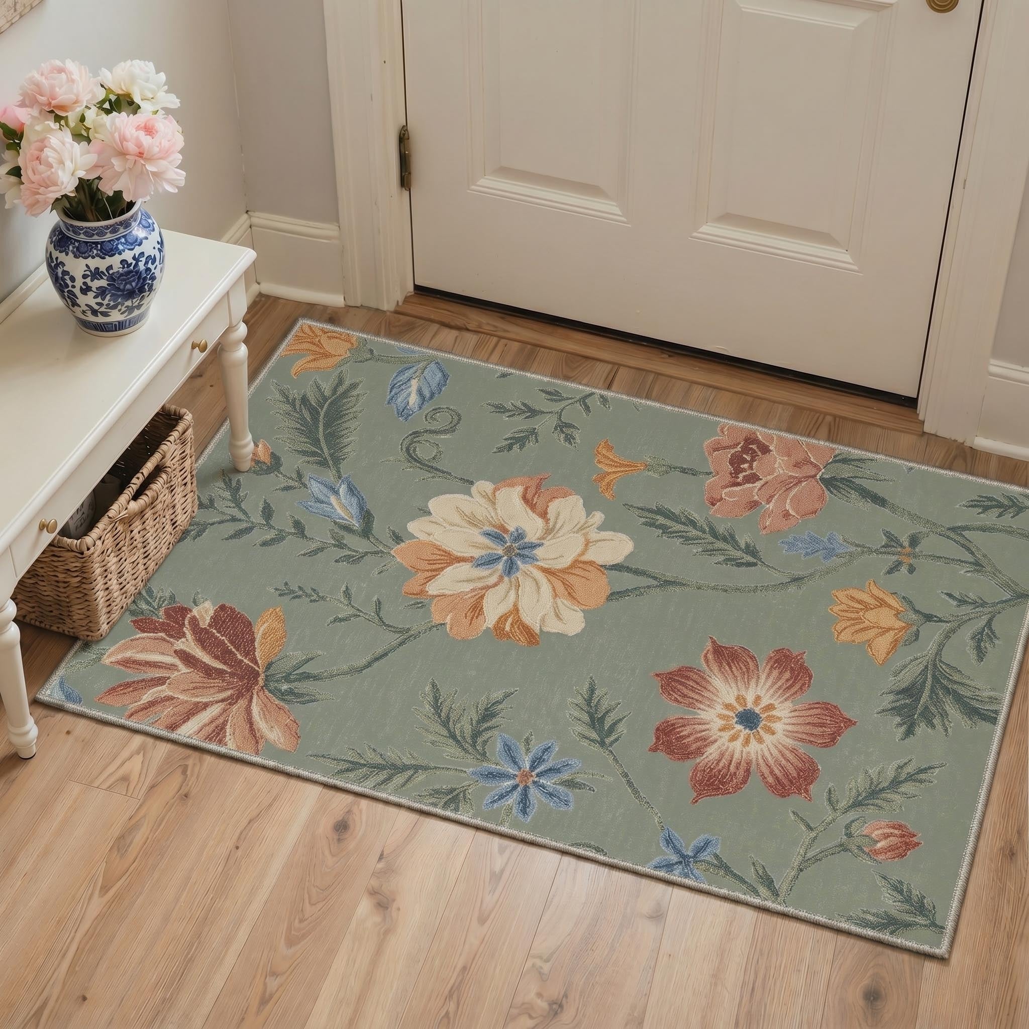 GENIMO 2'x3' Area Rug, Washable Non Slip Soft Floral Indoor Door Mat for Entryway Kitchen Laundry Room, Sage Green