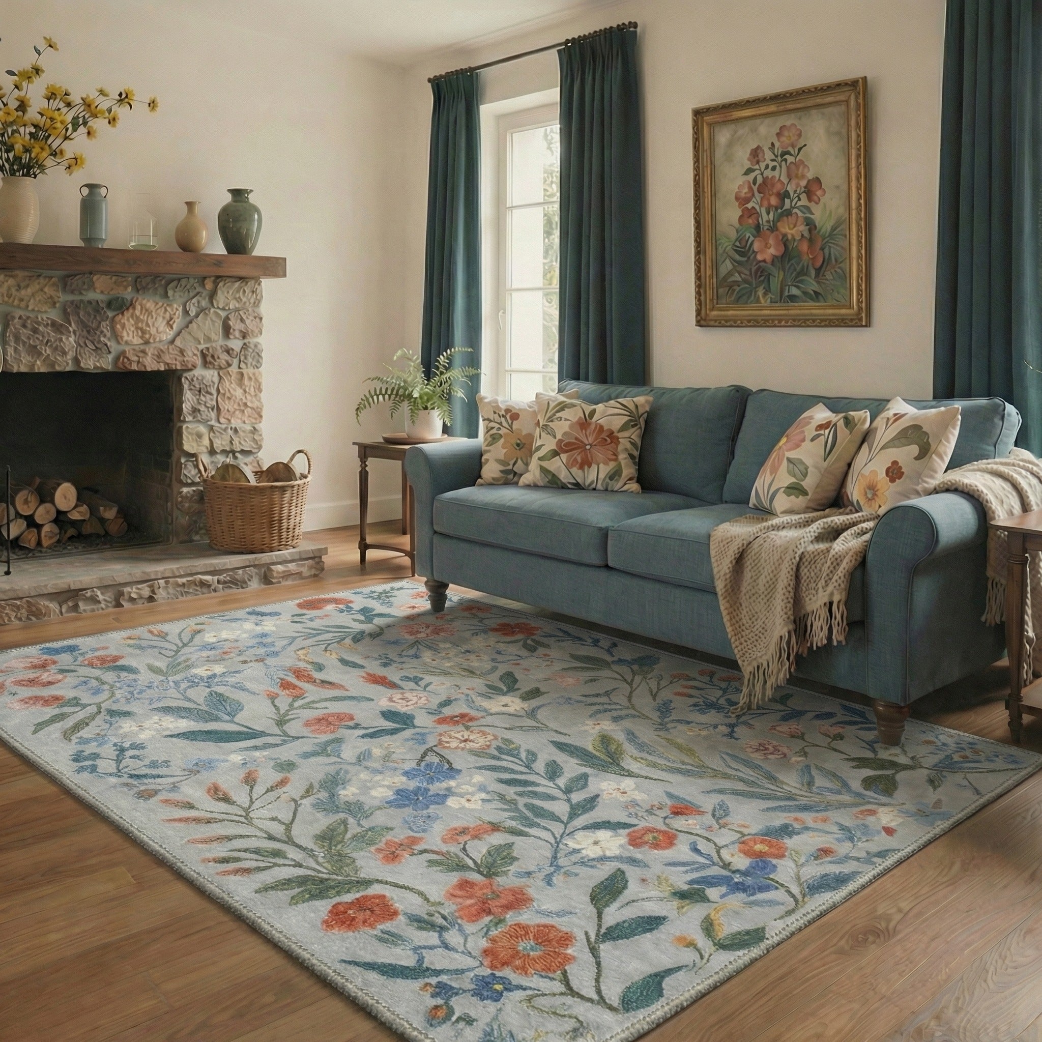 GENIMO 5'x7' Area Rug for Living Room, Washable Non Slip Soft Floral Rug for Bedroom Dining Room Home Office, Dusty Blue