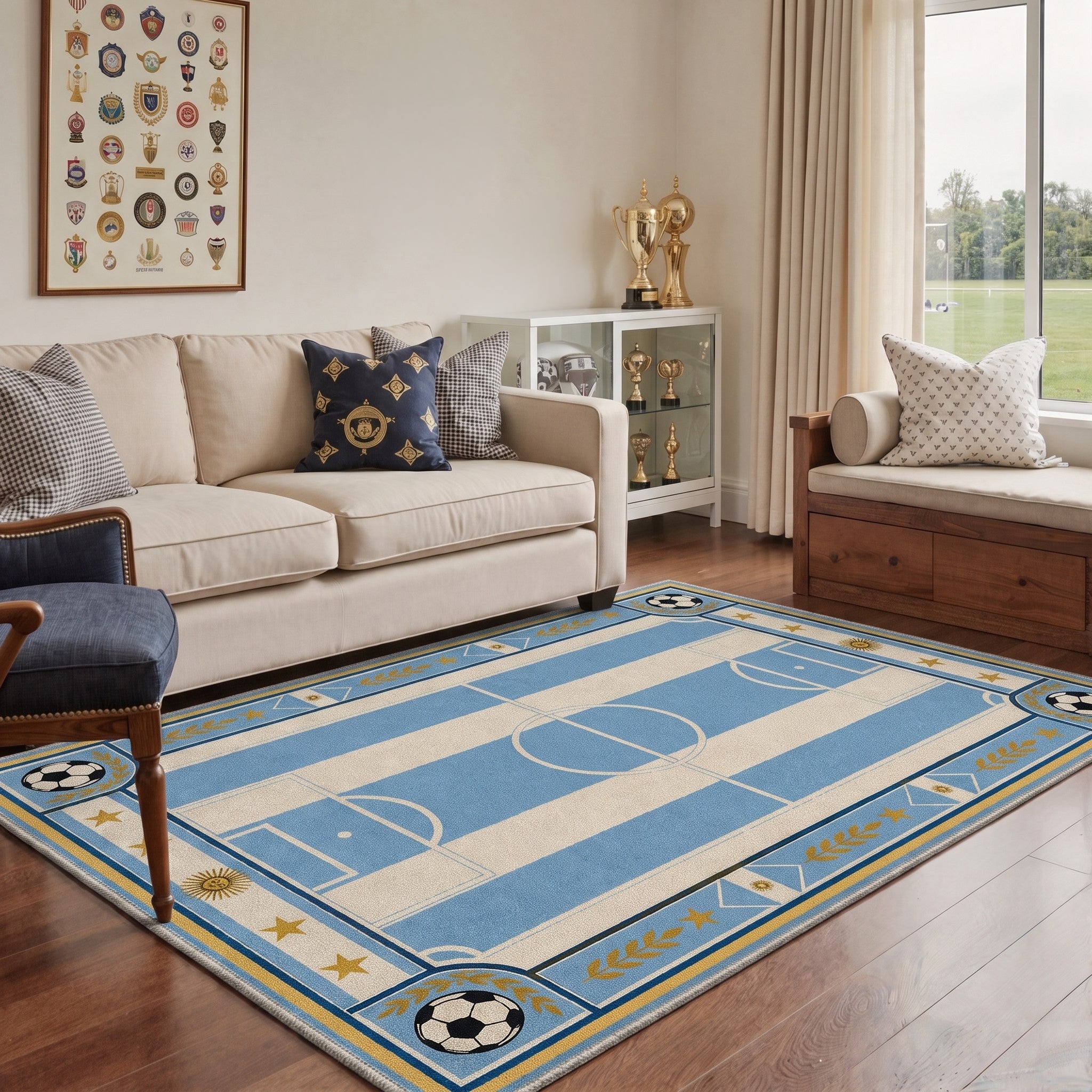 GENIMO 5'x7' Area Rug for Living Room, Washable Rug Non Slip Soft Azure Gold Soccer Field Rug for Bedroom Dining Room Home Office, Azure Gold