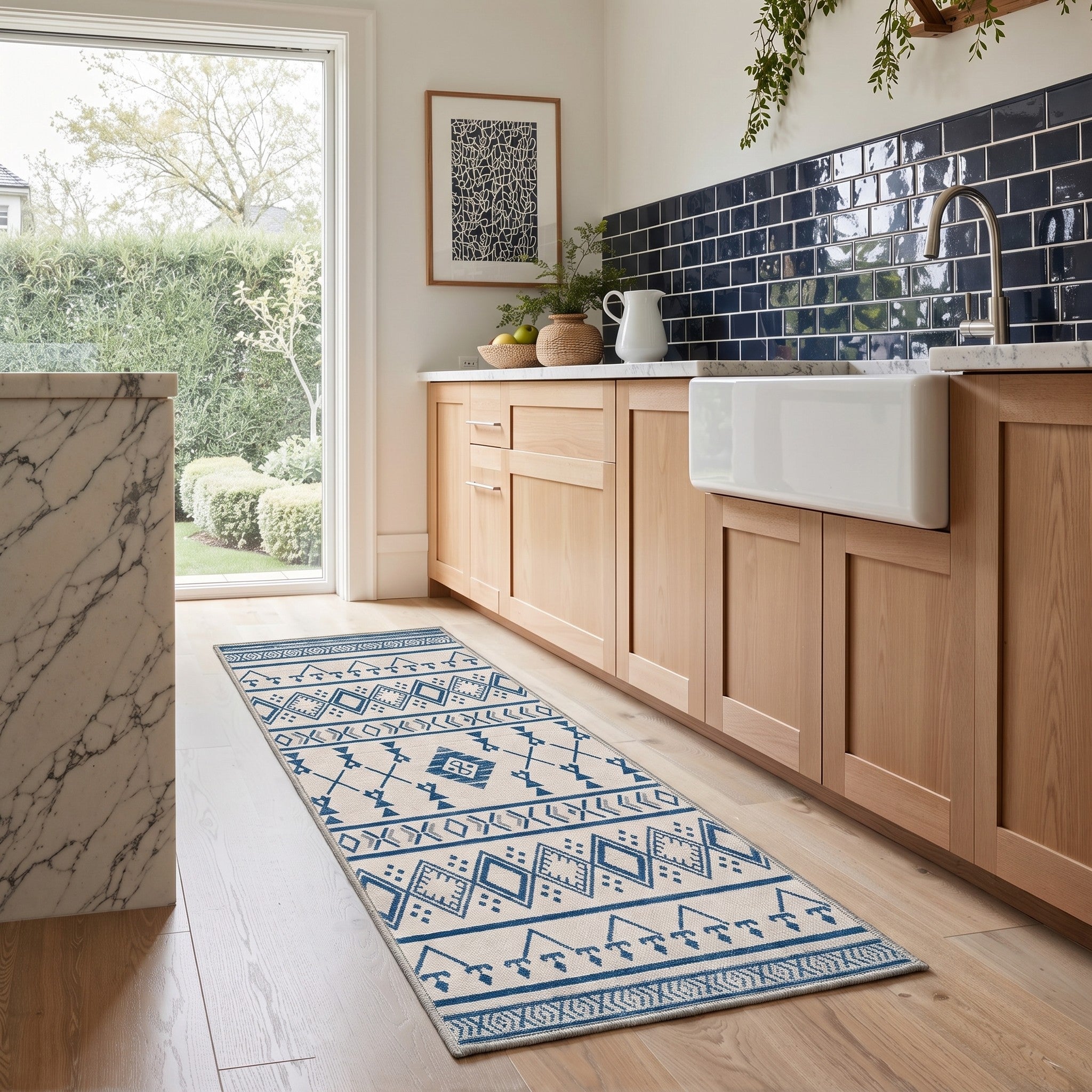 GENIMO 2'x7' Runner Rug, Washable Non Slip Soft Boho Geometric Hallway Runner for Kitchen Entryway Laundry Room, Beige Navy