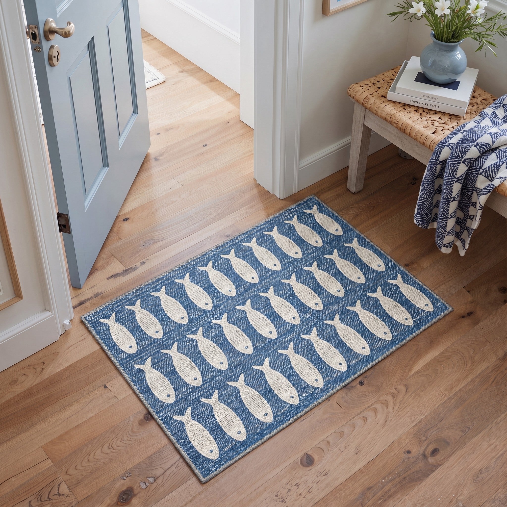 GENIMO 2'x3' Area Rug, Washable Non Slip Soft Fish Print Indoor Door Mat for Entryway Kitchen Laundry Room, Washed Blue