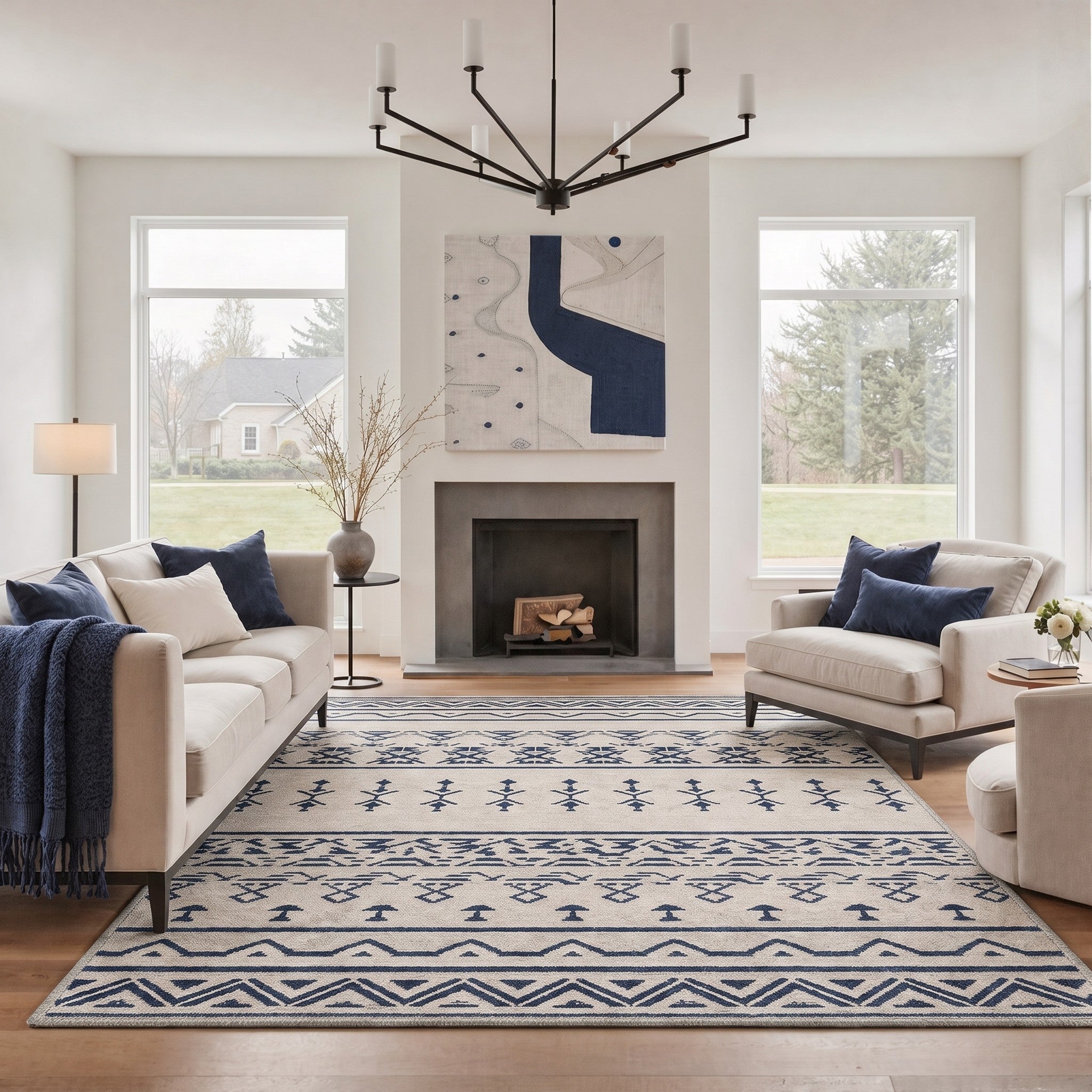 GENIMO 8'x10' Area Rug for Living Room, Washable Non Slip Soft Boho Geometric Rug for Bedroom Dining Room Home Office, Ivory Navy