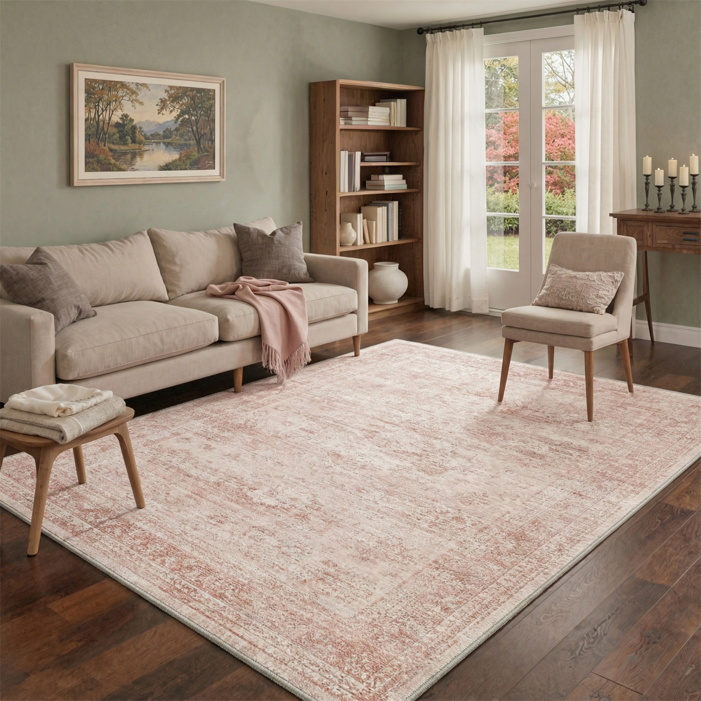 GENIMO 5'x7' Area Rug for Living Room, Washable Non Slip Soft Vintage Persian Rug for Bedroom Dining Room Home Office, Dusty Blush