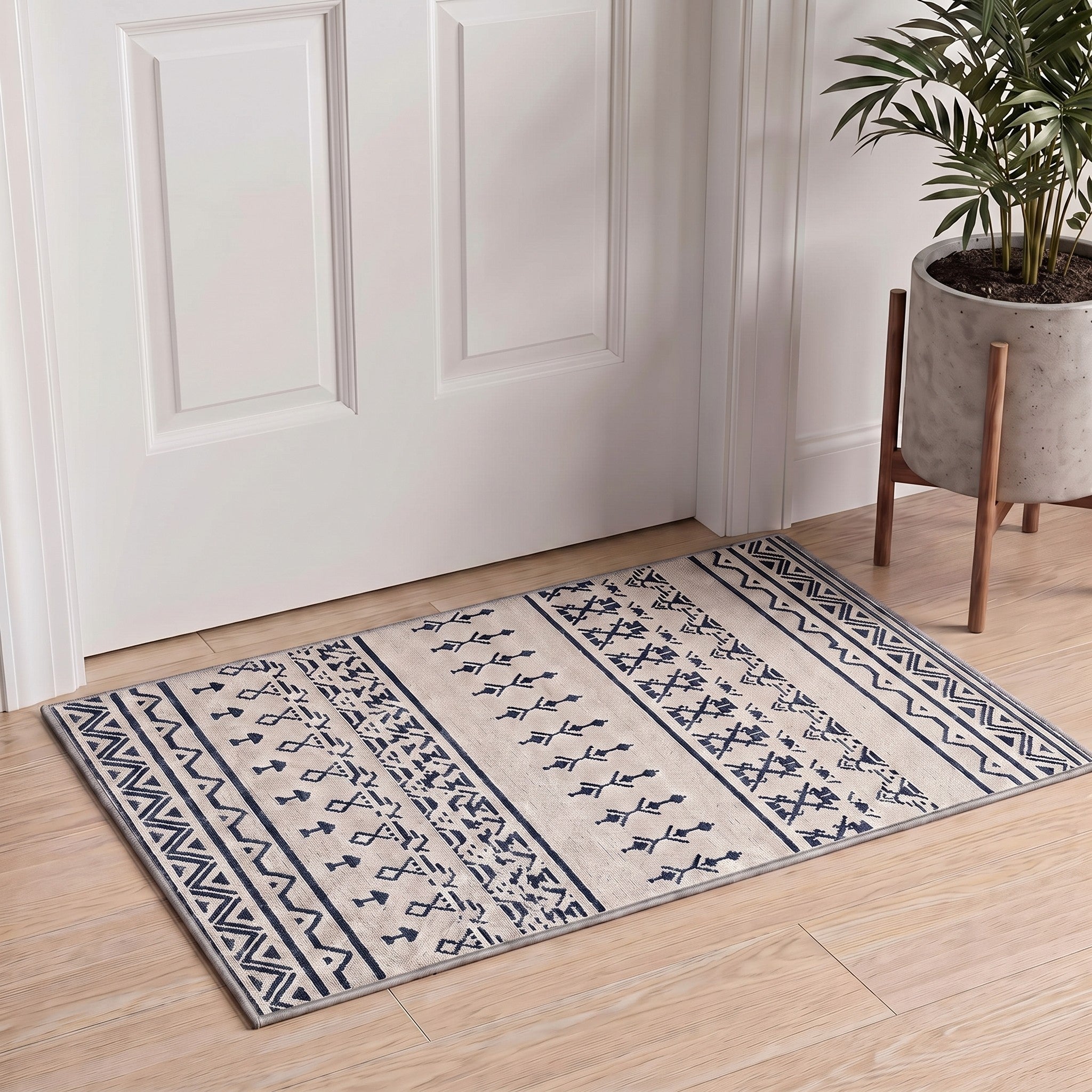 GENIMO 2'x3' Area Rug, Washable Non Slip Soft Boho Geometric Indoor Door Mat for Entryway Kitchen Laundry Room, Ivory Navy