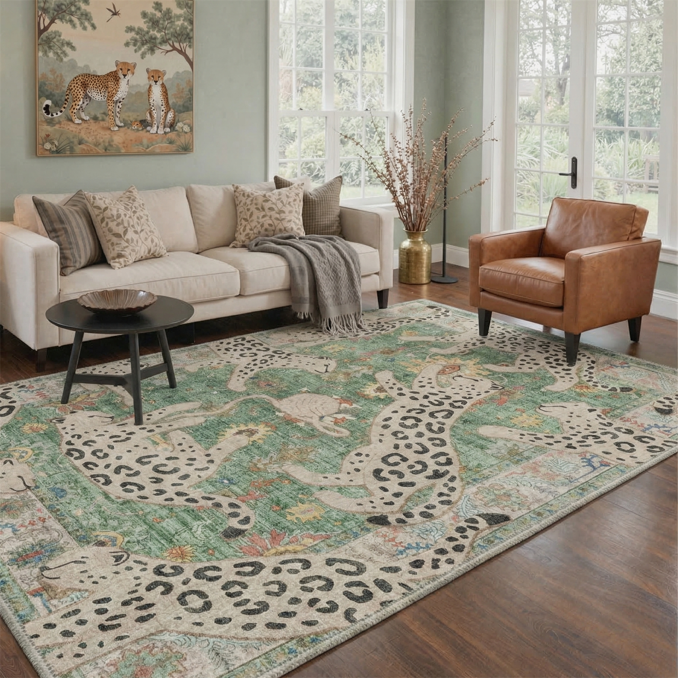 GENIMO 5'x7' Area Rug for Living Room, Washable Non Slip Soft Leopard Print Rug for Bedroom Dining Room Home Office, Dusty Sage