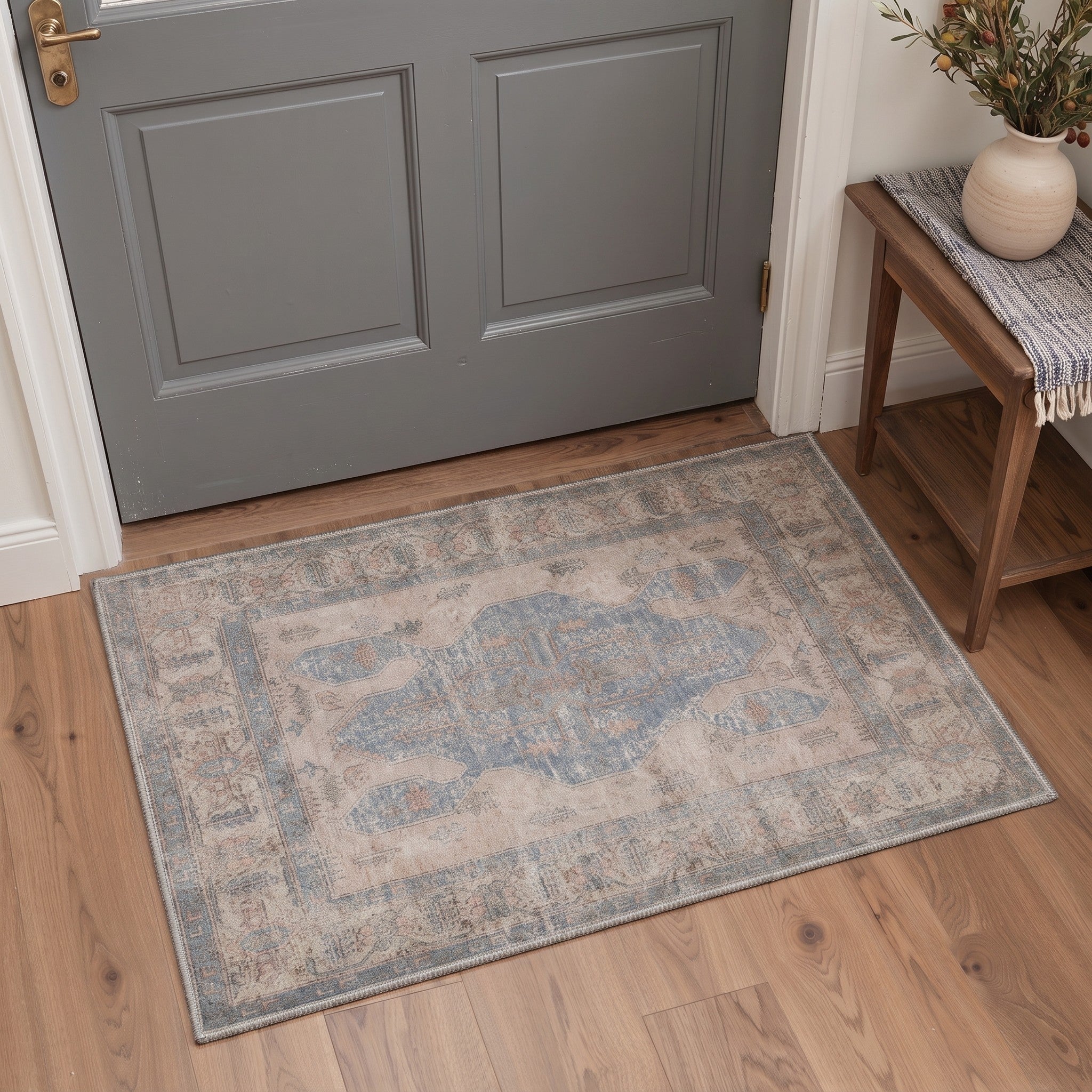 GENIMO 2'x3' Area Rug, Washable Non Slip Soft Vintage Persian Indoor Door Mat for Entryway Kitchen Laundry Room, Dusty Blue