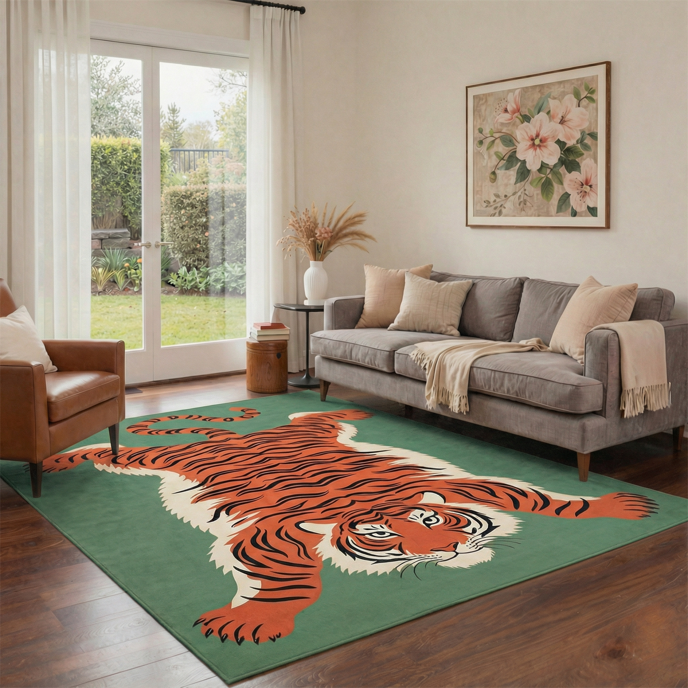 GENIMO 5'x7' Area Rug for Living Room, Washable Non Slip Soft Tiger Print Rug for Bedroom Dining Room Home Office, Moss Terracotta