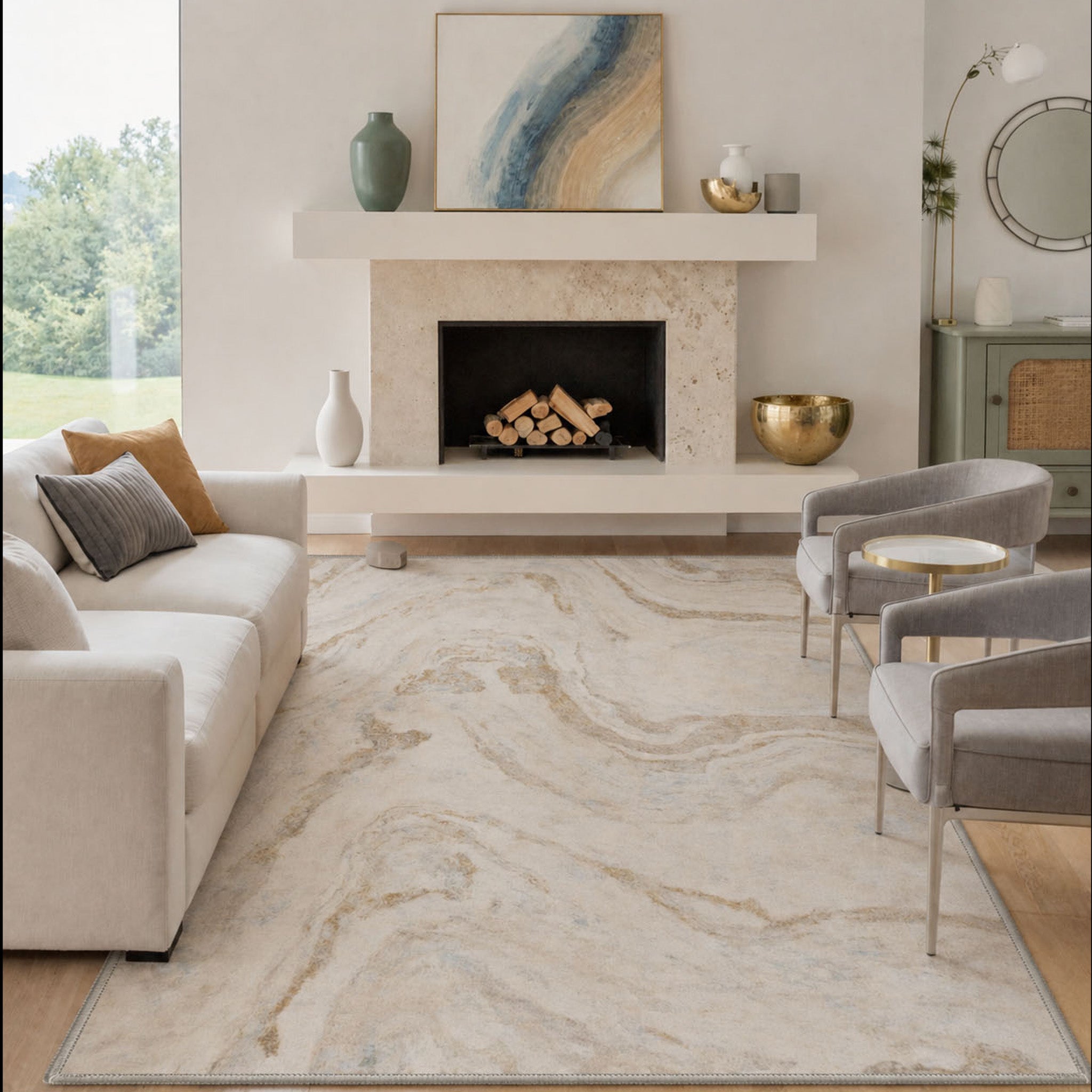 GENIMO 5'x7' Area Rug for Living Room, Washable Non Slip Soft Modern Abstract Rug for Bedroom Dining Room Home Office, Dusty Cream
