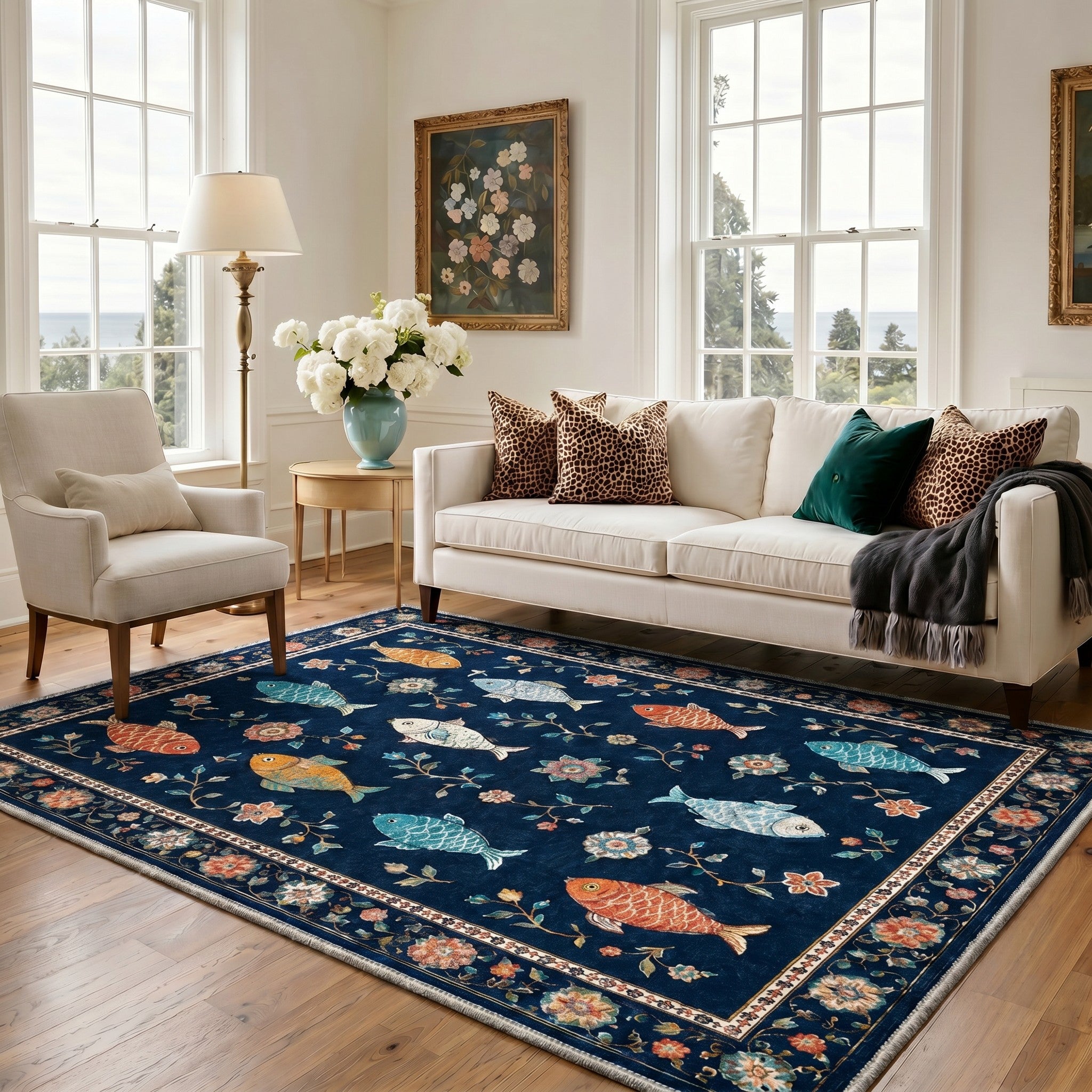 GENIMO 5'x7' Area Rug for Living Room, Washable Non Slip Soft Fish Floral Print Rug for Bedroom Dining Room Home Office, Vintage Navy
