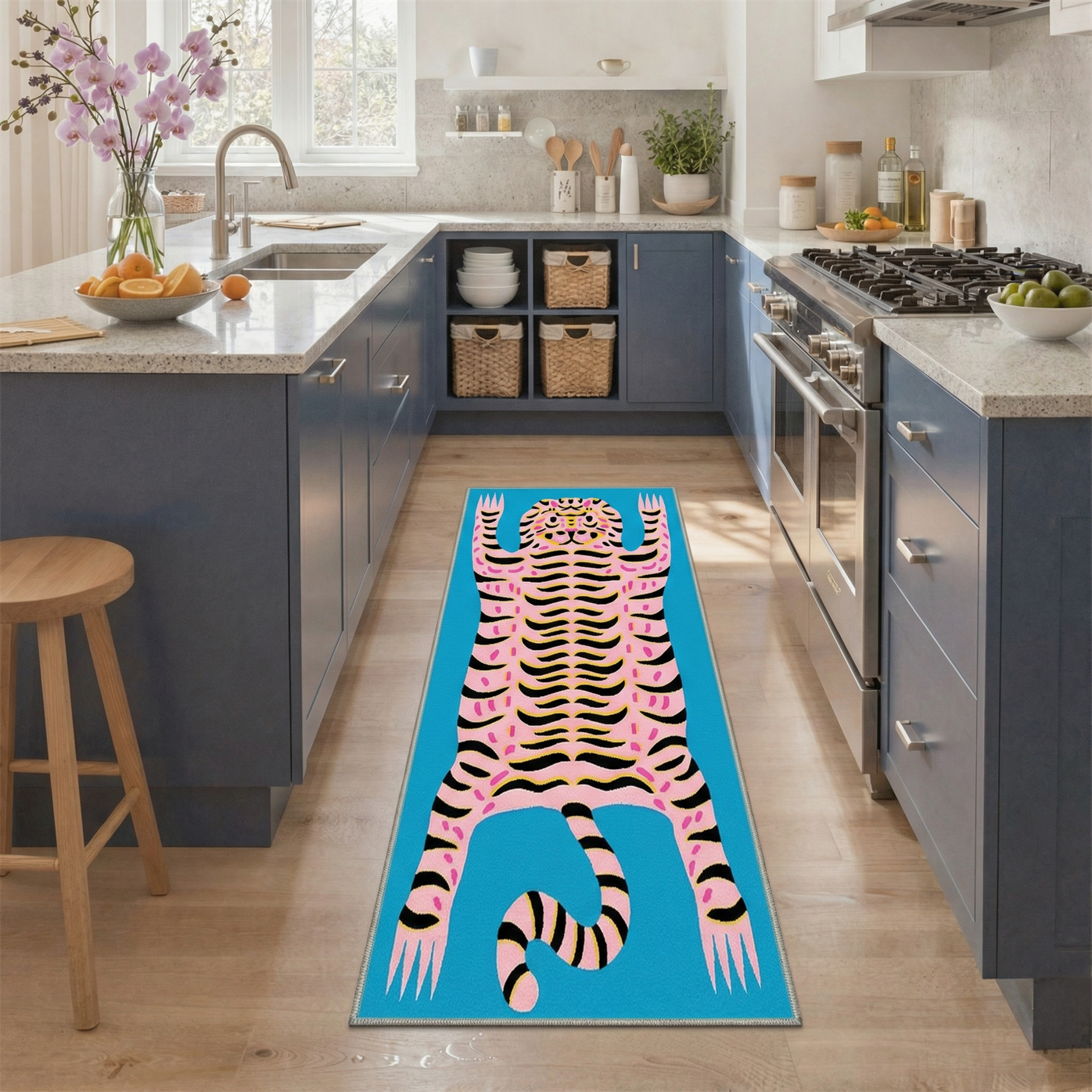 GENIMO 2'x7' Runner Rug, Washable Non Slip Soft Tiger Print Hallway Runner for Kitchen Entryway Laundry Room, Aqua Pink