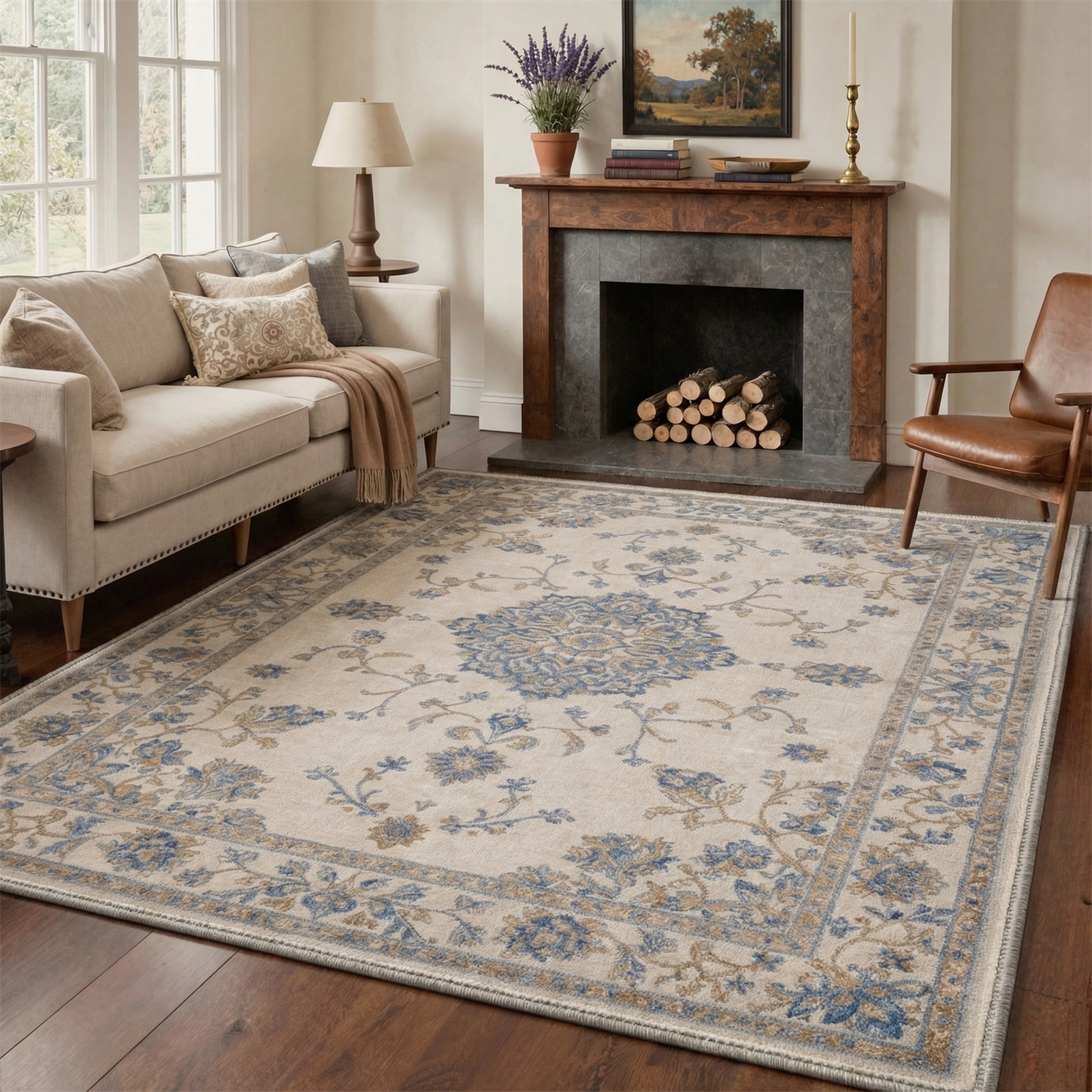 GENIMO 8'x10' Area Rug for Living Room, Washable Non Slip Soft Floral Rug for Bedroom Dining Room Home Office, Dusty Blue Beige