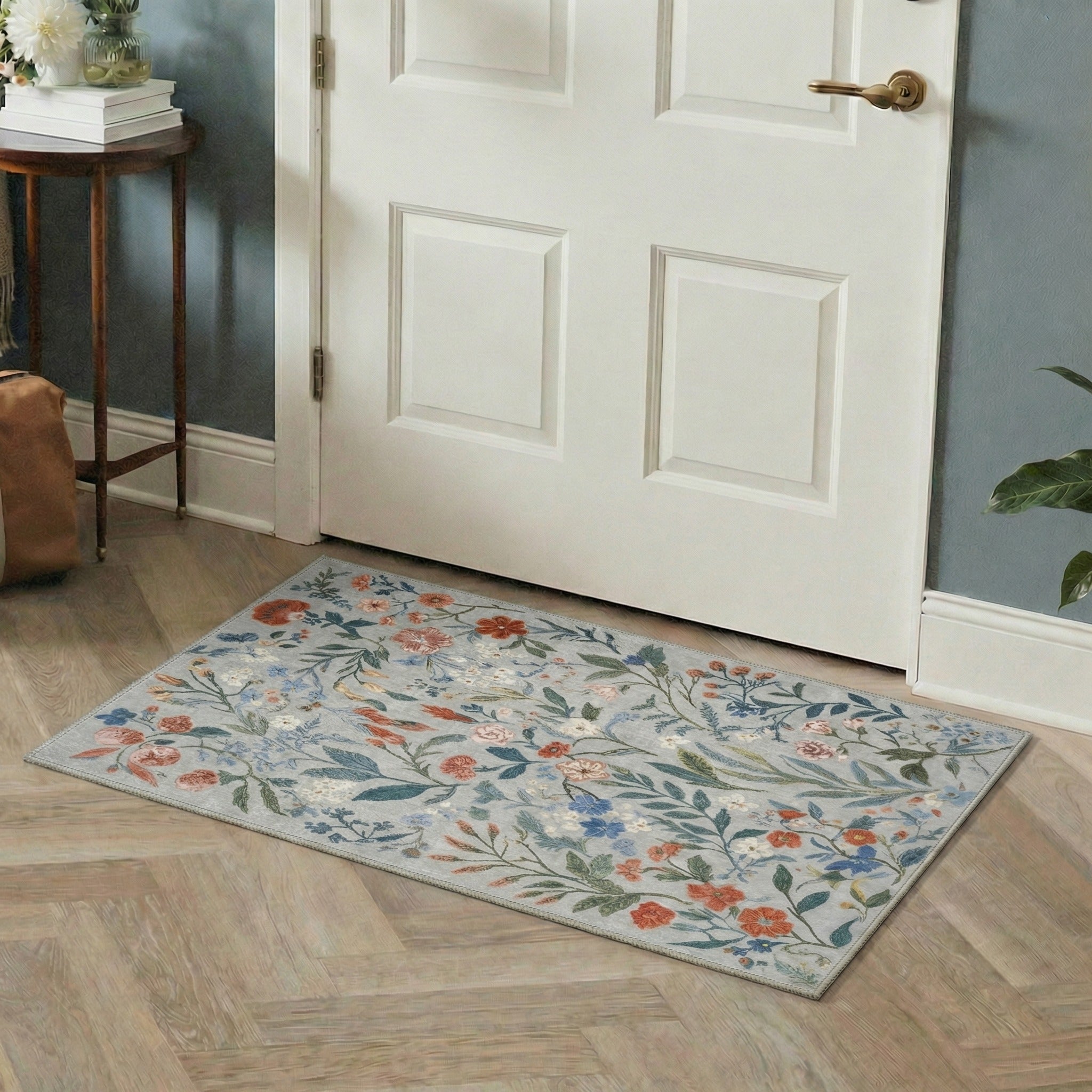 GENIMO 2'x3' Area Rug, Washable Non Slip Soft Floral Indoor Door Mat for Entryway Kitchen Laundry Room, Dusty Blue