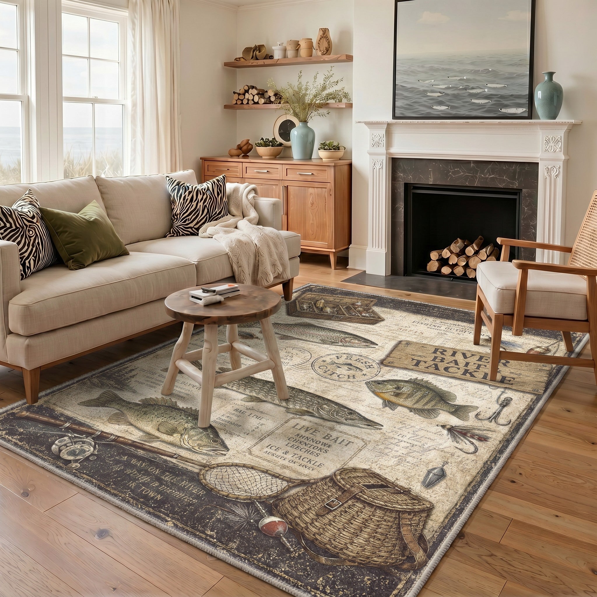 GENIMO 5'x7' Area Rug for Living Room, Washable Non Slip Soft Vintage Fish Rug for Bedroom Dining Room Home Office, Aged Sepia