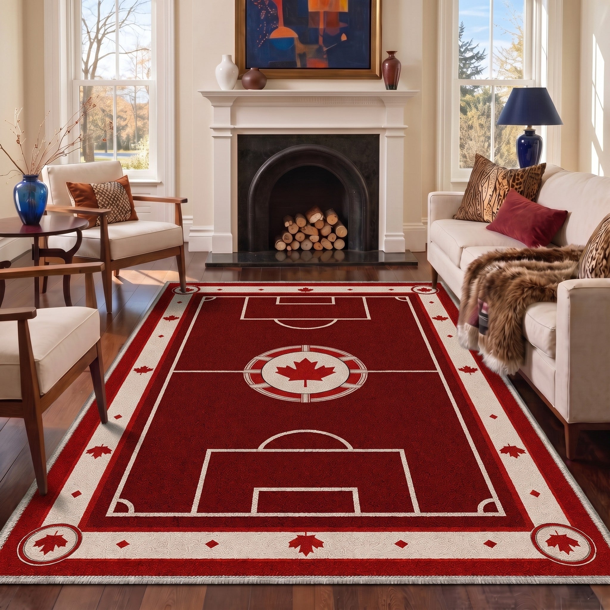 GENIMO 8'x10' Area Rug for Living Room, Washable Rug Non Slip Soft Maple Leaf Soccer Field Rug for Bedroom Dining Room Home Office, Dusty Crimson
