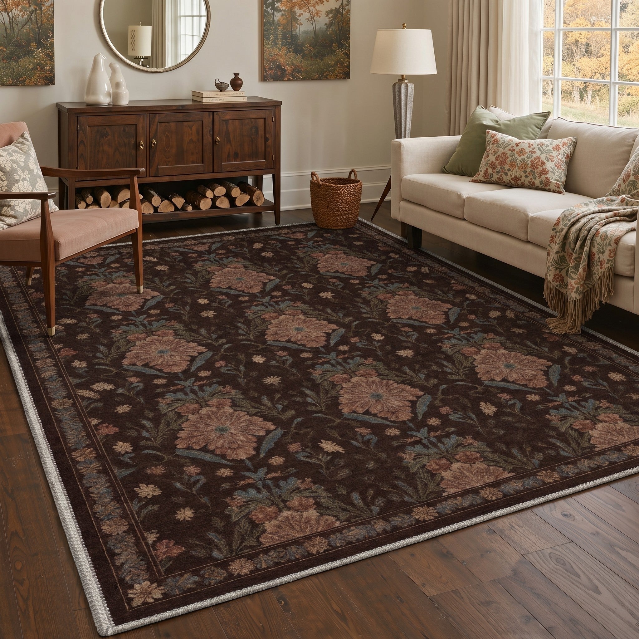GENIMO 5'x7' Area Rug for Living Room, Washable Non Slip Soft Vintage Floral Rug for Bedroom Dining Room Home Office, Deep Mocha
