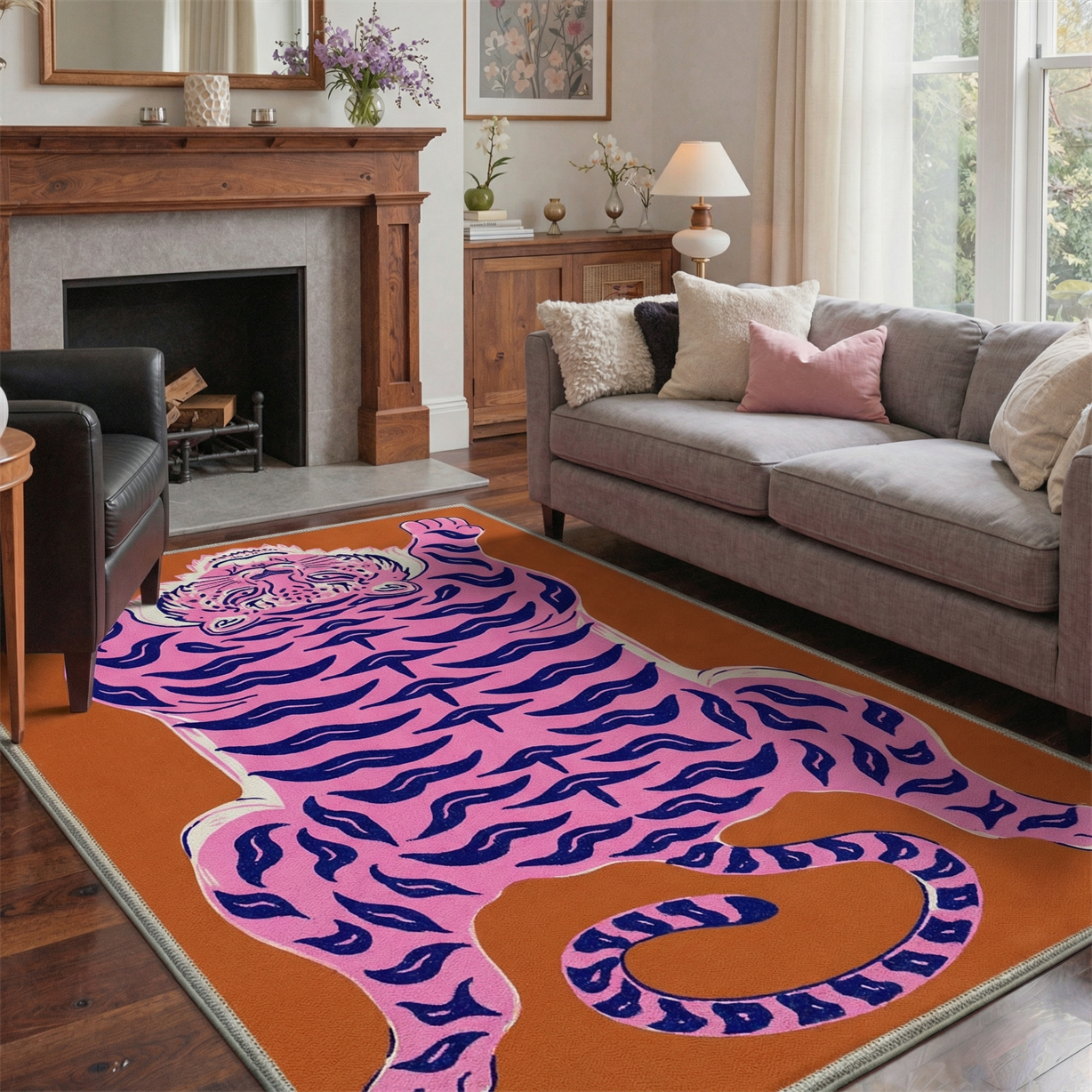GENIMO 8'x10' Area Rug for Living Room, Washable Non Slip Soft Tiger Print Rug for Bedroom Dining Room Home Office, Papaya Pink