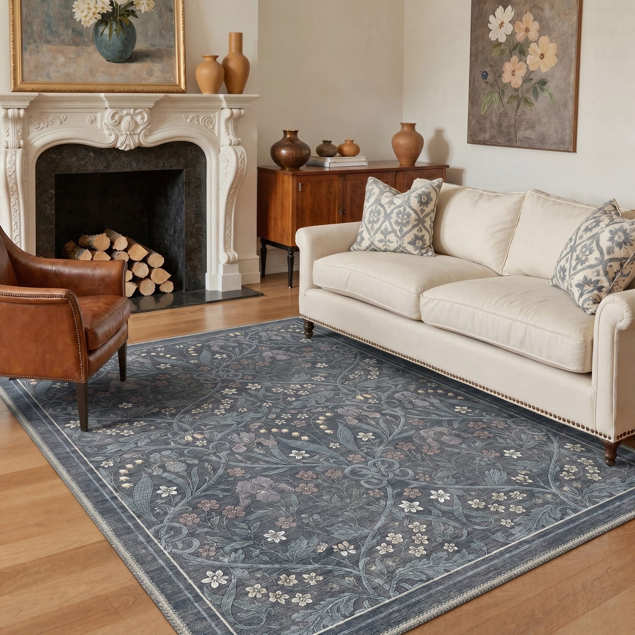 GENIMO 5'x7' Area Rug for Living Room, Washable Non Slip Soft Vintage Floral Rug for Bedroom Dining Room Home Office, SlateBlue